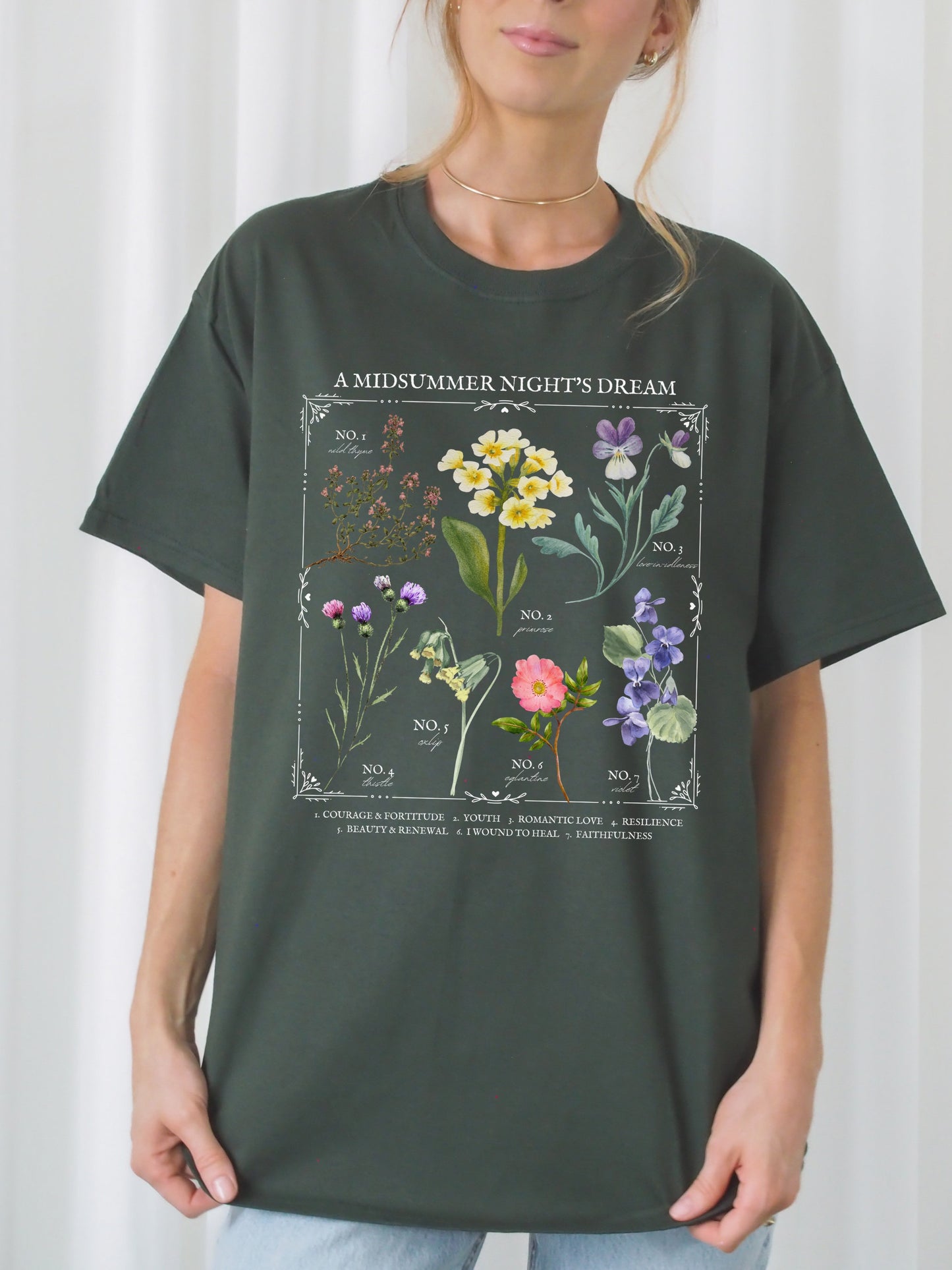 Shakespeare Midsummer Night's Dream Literary Flower Chart Herbology Floral Tee Shirt Tshirt * Bookish Bookworm Gift * Poet Literature Shirt