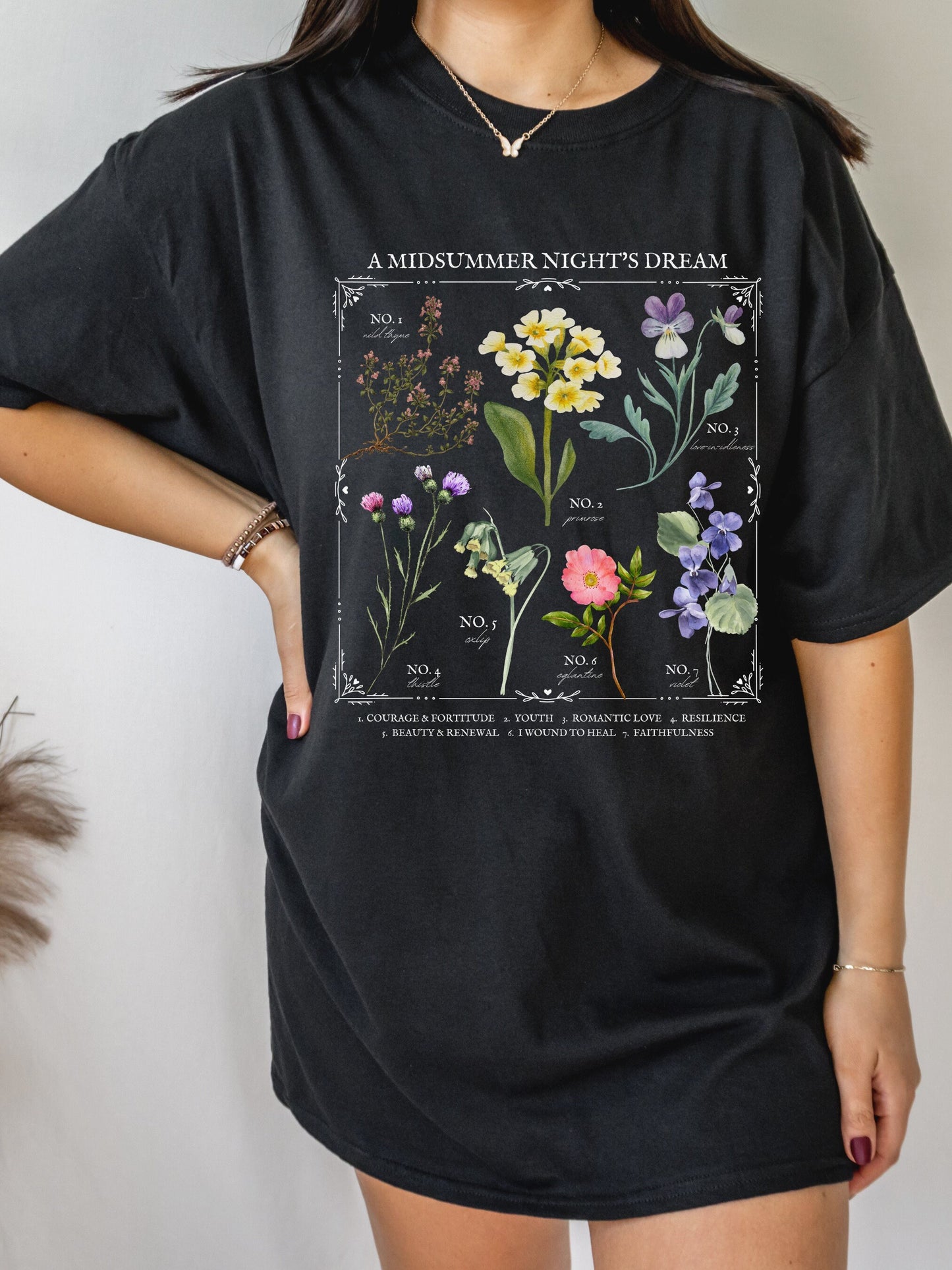Shakespeare Midsummer Night's Dream Literary Flower Chart Herbology Floral Tee Shirt Tshirt * Bookish Bookworm Gift * Poet Literature Shirt