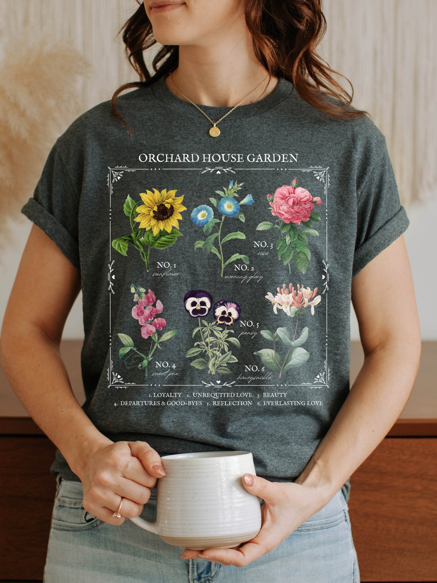 Little Women March Sisters Flower Chart Tee Shirt Tshirt * Orchard House Wild Flower Botanical Language of Flowers Cottagecore Shirt