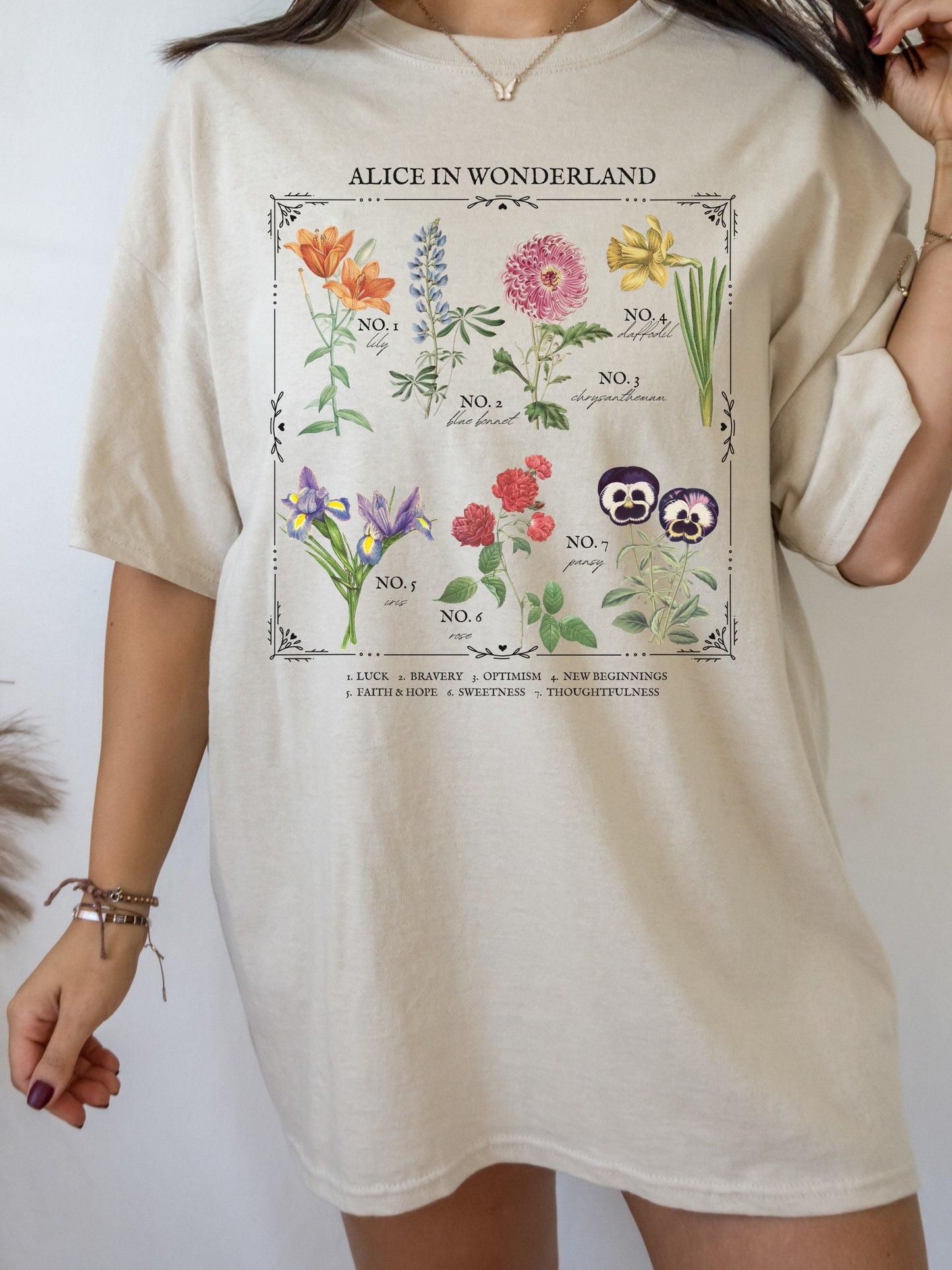 Alice in Wonderland Flower Chart Herbology Floral Botanical Tee Shirt Tshirt * Bookish Bookworm Gift * Poet Literature Shirt * Dark Academia