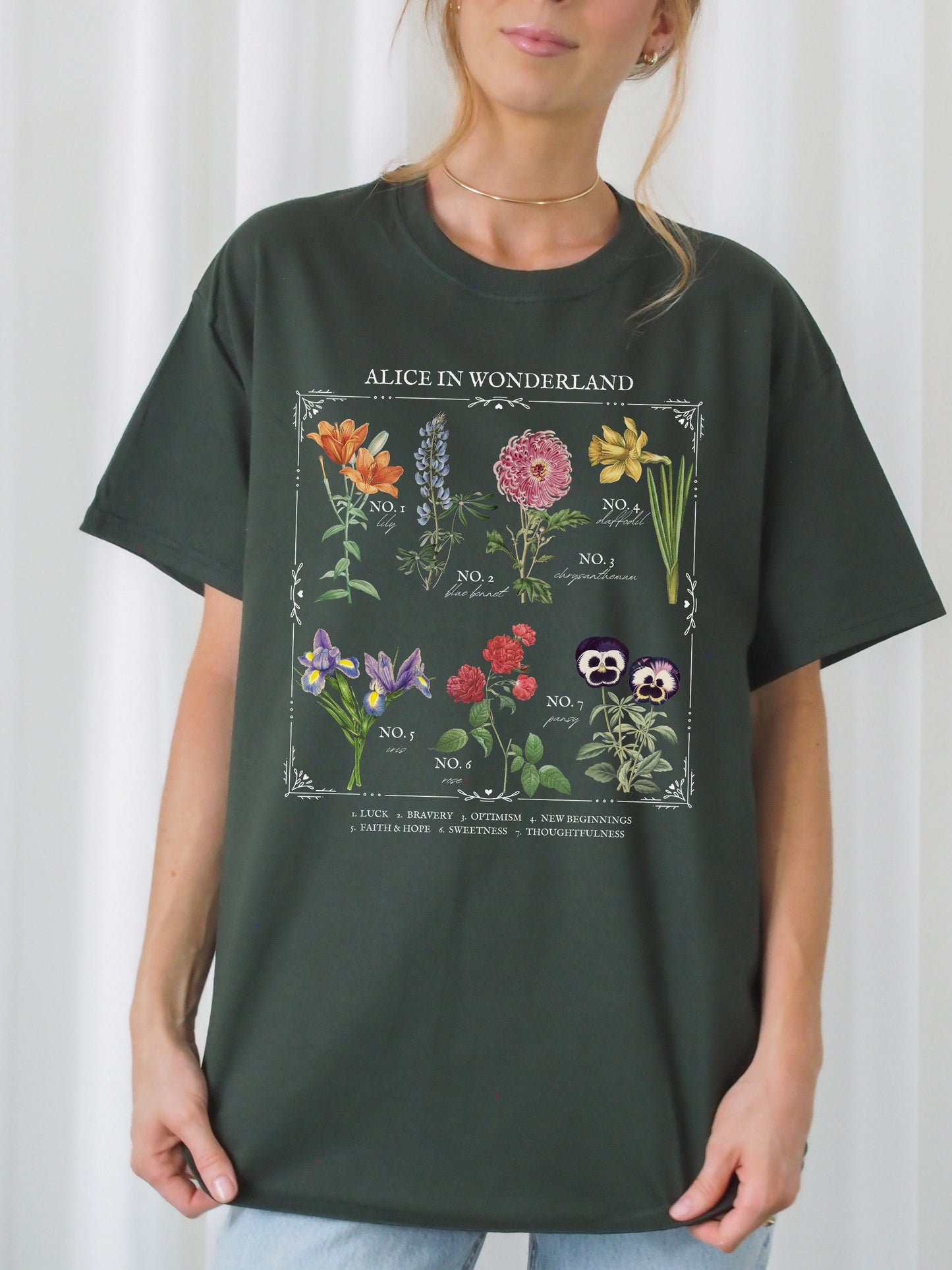 Alice in Wonderland Flower Chart Herbology Floral Botanical Tee Shirt Tshirt * Bookish Bookworm Gift * Poet Literature Shirt * Dark Academia