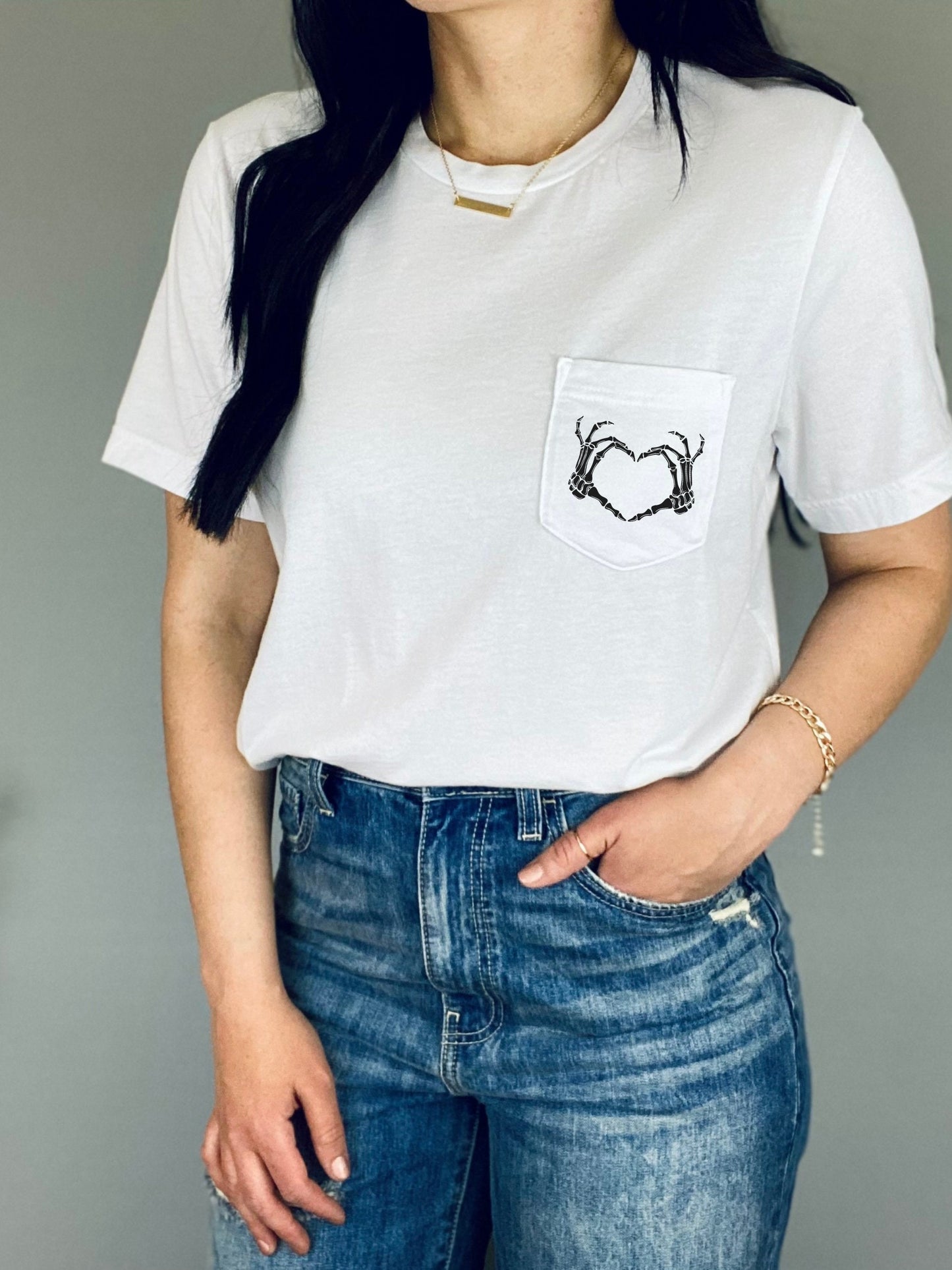 Halloween Skeleton Heart Hands Pocket Tee Shirt Tshirt * Trendy Halloween 2023 Spooky Season Stay Spooky Fall Autumn Witchy Gothic pumpkin