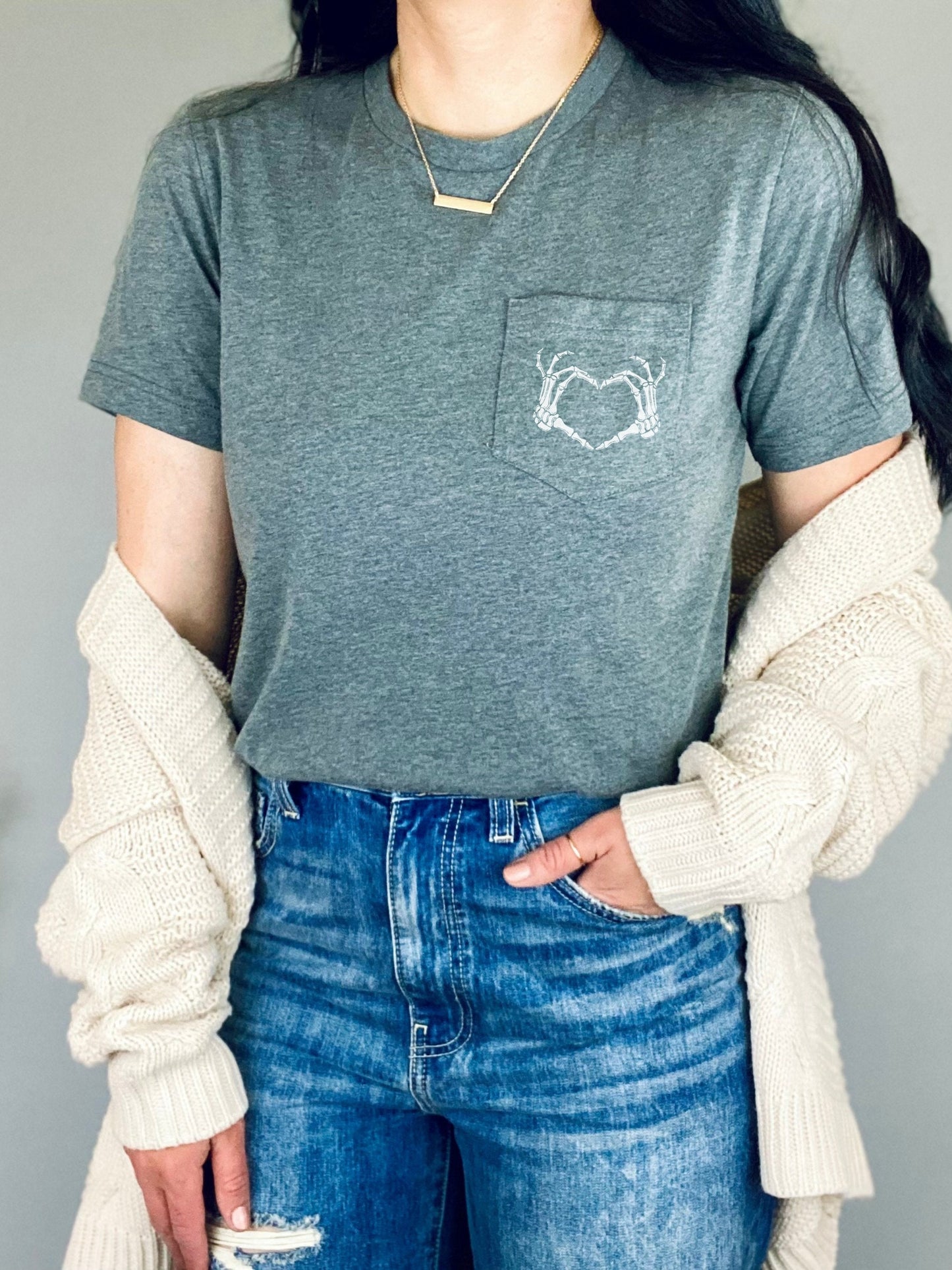 Halloween Skeleton Heart Hands Pocket Tee Shirt Tshirt * Trendy Halloween 2023 Spooky Season Stay Spooky Fall Autumn Witchy Gothic pumpkin