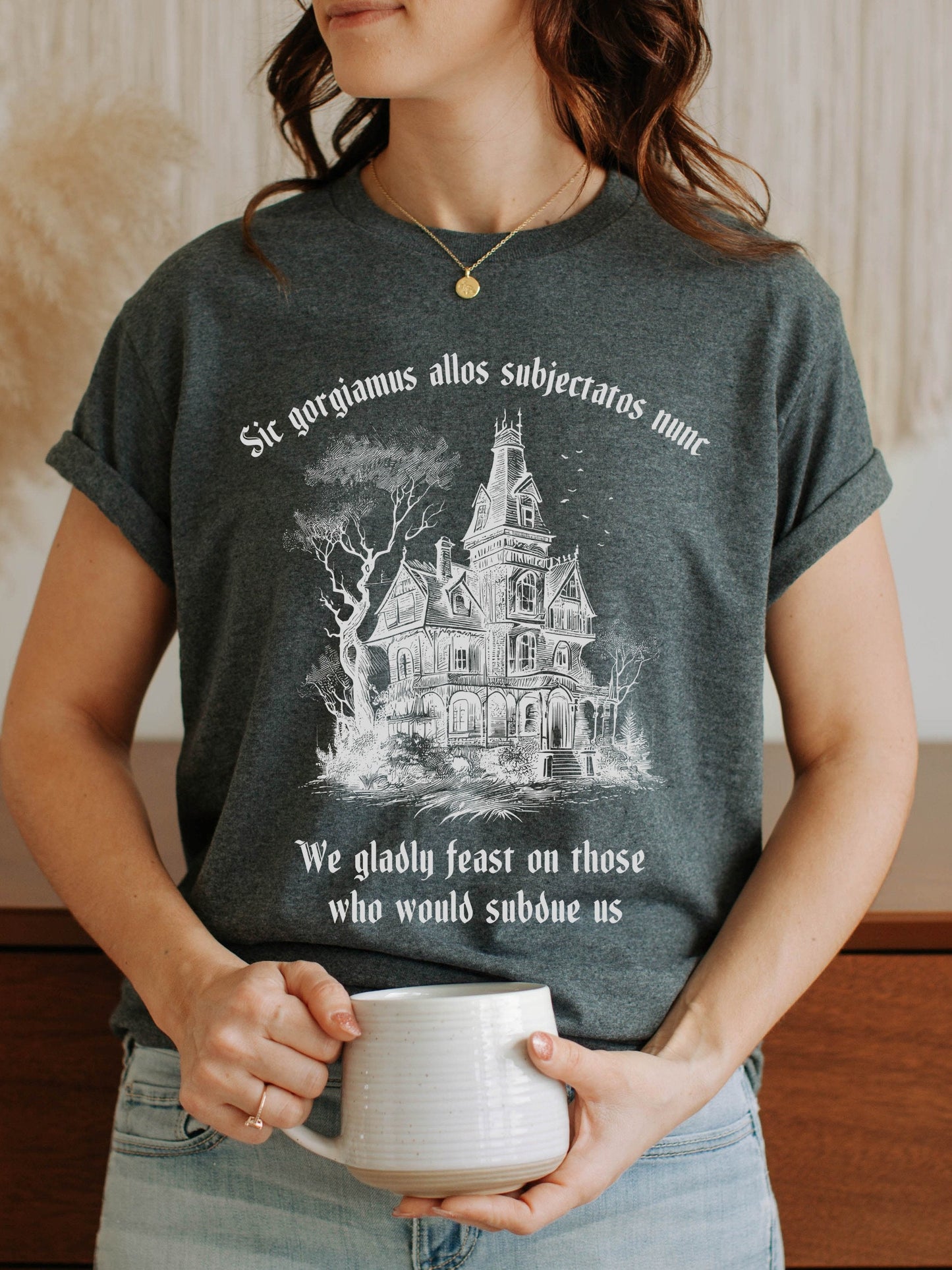 Halloween Latin Shirt we gladly feast on those who would subdue us Dark Academia Witchy Grunge Gothic Bats Spooky kooky addams Aesthetic Tee