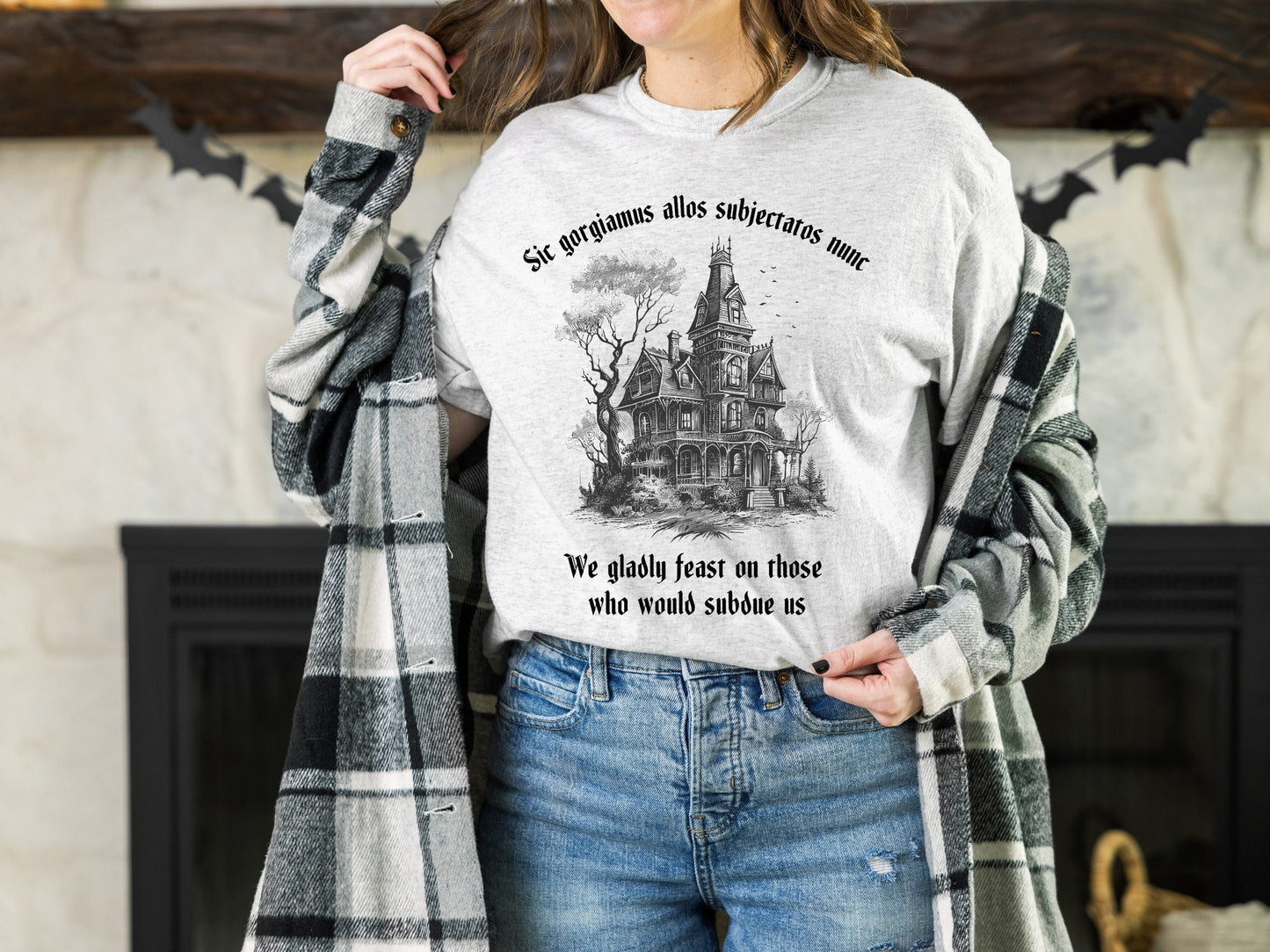 Halloween Latin Shirt we gladly feast on those who would subdue us Dark Academia Witchy Grunge Gothic Bats Spooky kooky addams Aesthetic Tee