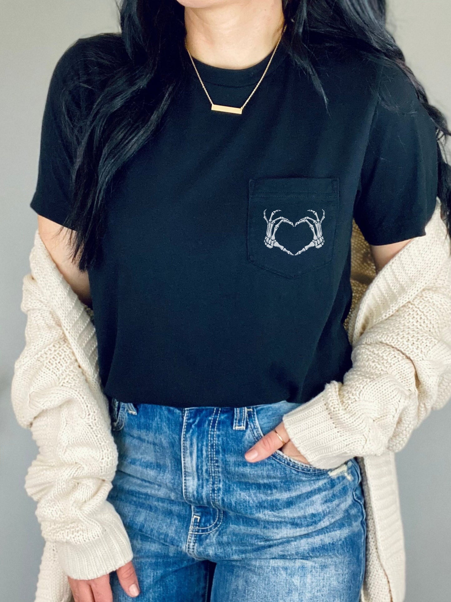 Halloween Skeleton Heart Hands Pocket Tee Shirt Tshirt * Trendy Halloween 2023 Spooky Season Stay Spooky Fall Autumn Witchy Gothic pumpkin