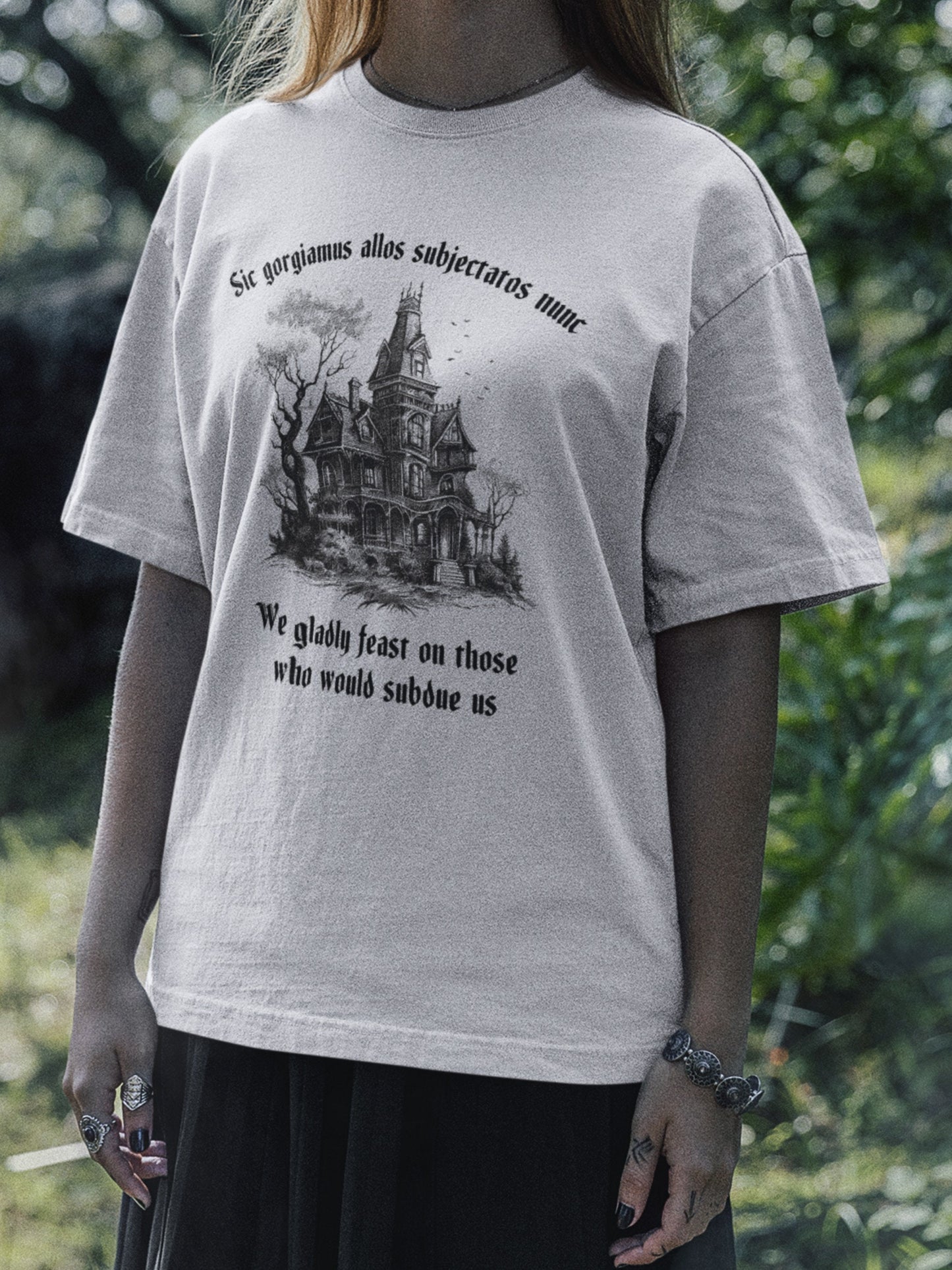 Halloween Latin Shirt we gladly feast on those who would subdue us Dark Academia Witchy Grunge Gothic Bats Spooky kooky addams Aesthetic Tee