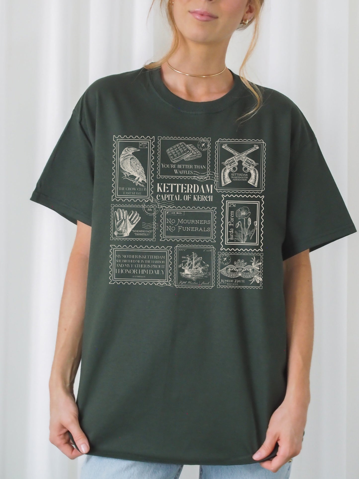 Six of Crows Stamp Collection Tee Shirt Tshirt * Crow Club Kaz Inej Jesper Greetings from Ketterdam Postcard Book Fandom Merch Bookish Gift