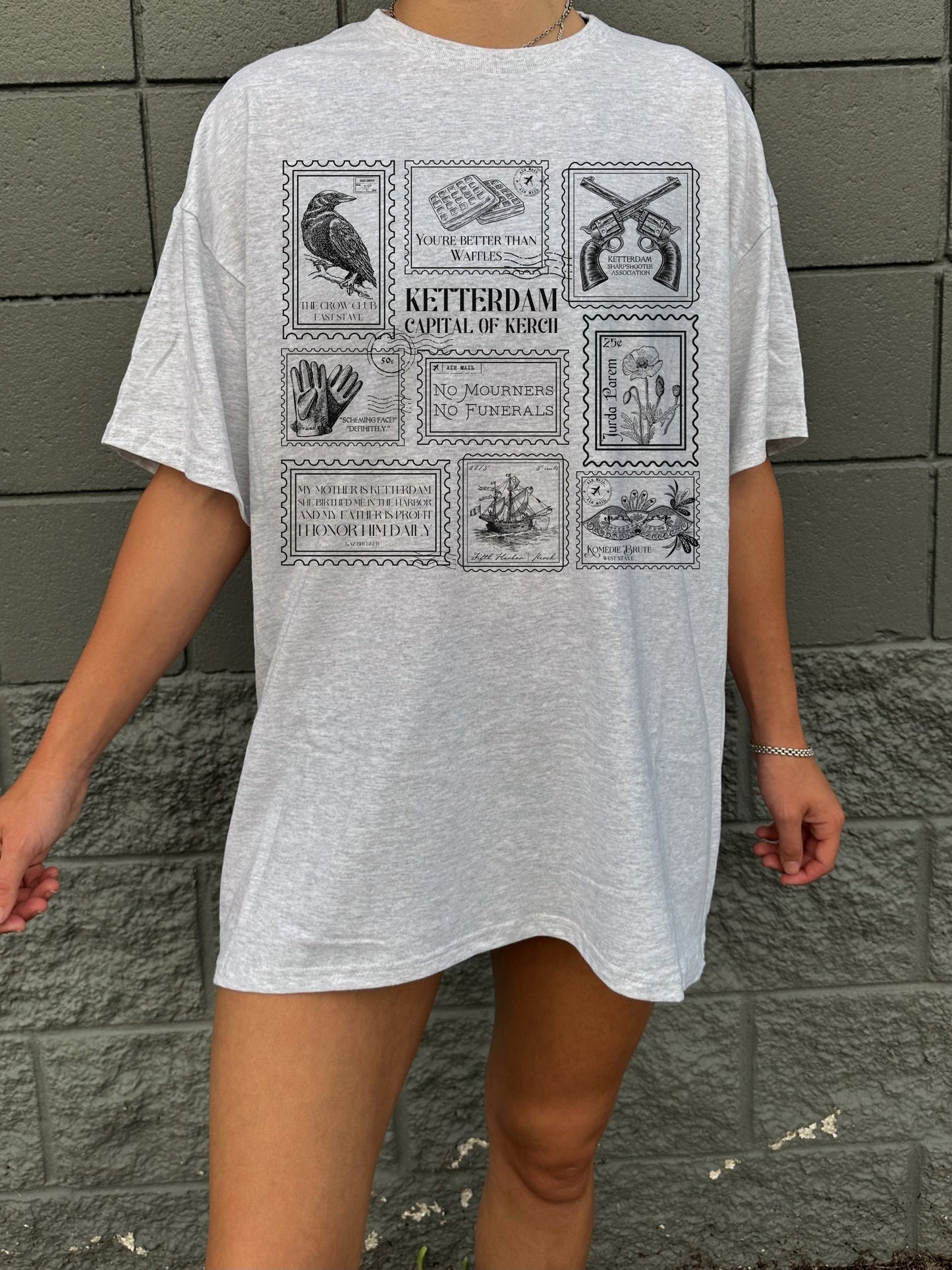 Six of Crows Stamp Collection Tee Shirt Tshirt * Crow Club Kaz Inej Jesper Greetings from Ketterdam Postcard Book Fandom Merch Bookish Gift