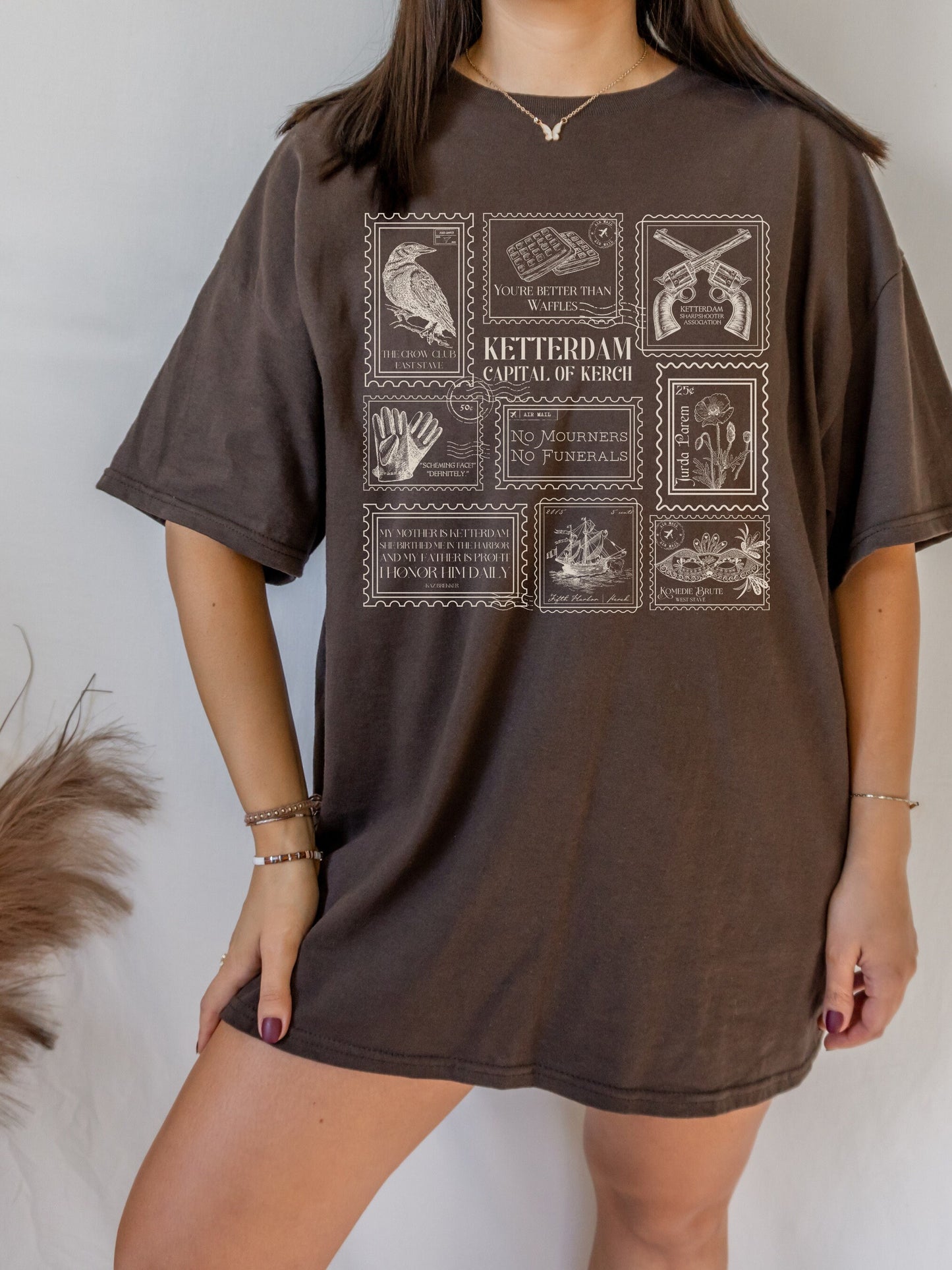 Six of Crows Stamp Collection Tee Shirt Tshirt * Crow Club Kaz Inej Jesper Greetings from Ketterdam Postcard Book Fandom Merch Bookish Gift