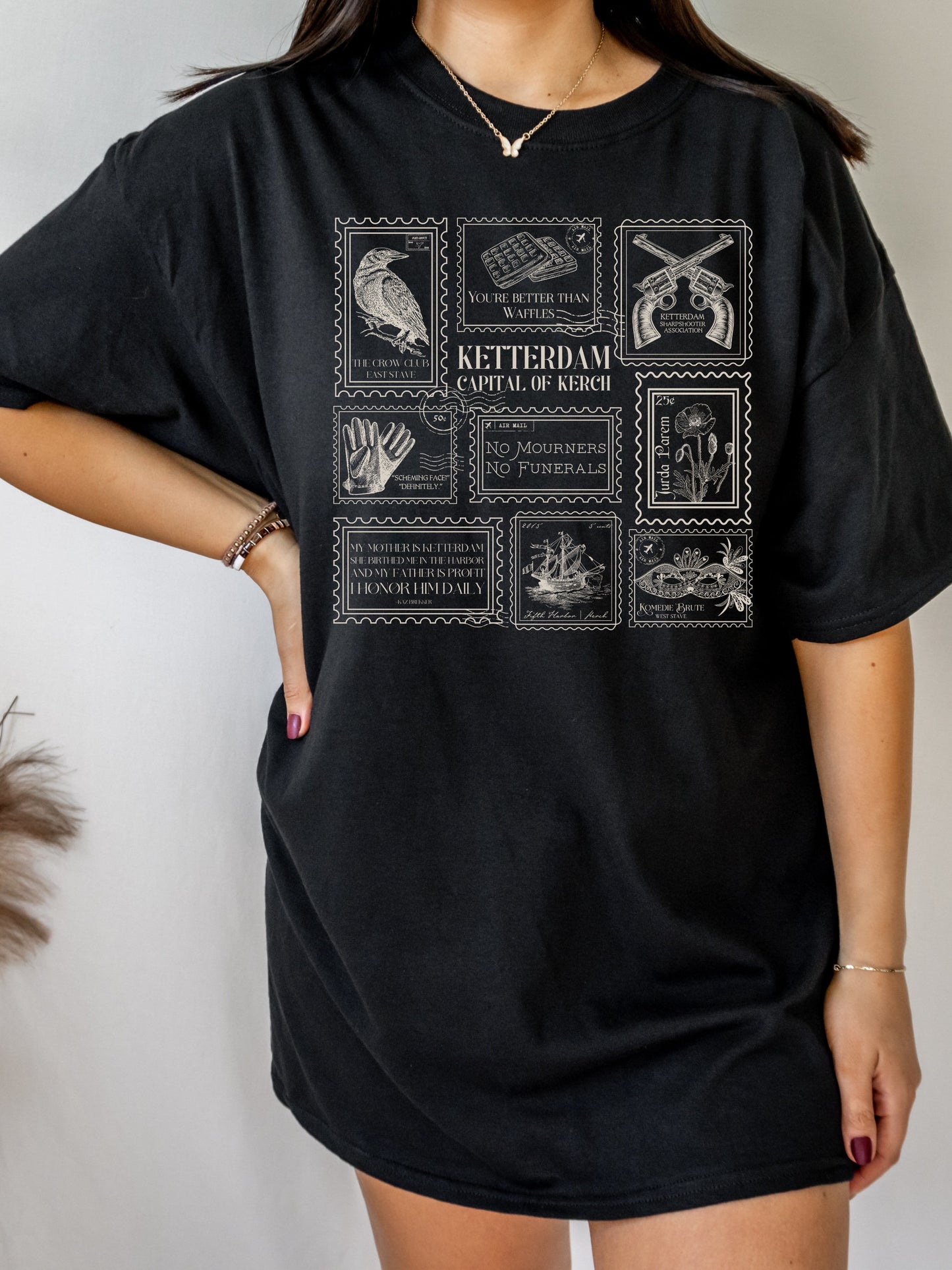 Six of Crows Stamp Collection Tee Shirt Tshirt * Crow Club Kaz Inej Jesper Greetings from Ketterdam Postcard Book Fandom Merch Bookish Gift