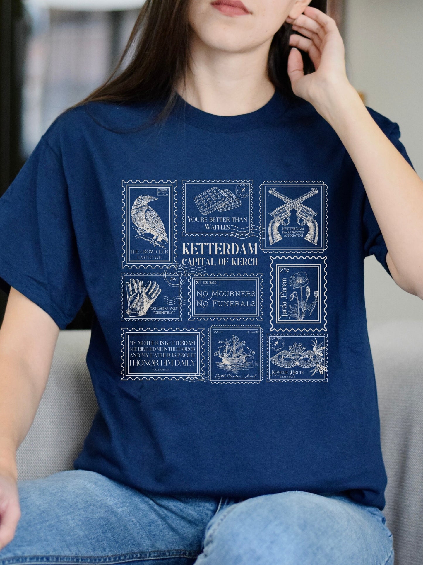 Six of Crows Stamp Collection Tee Shirt Tshirt * Crow Club Kaz Inej Jesper Greetings from Ketterdam Postcard Book Fandom Merch Bookish Gift