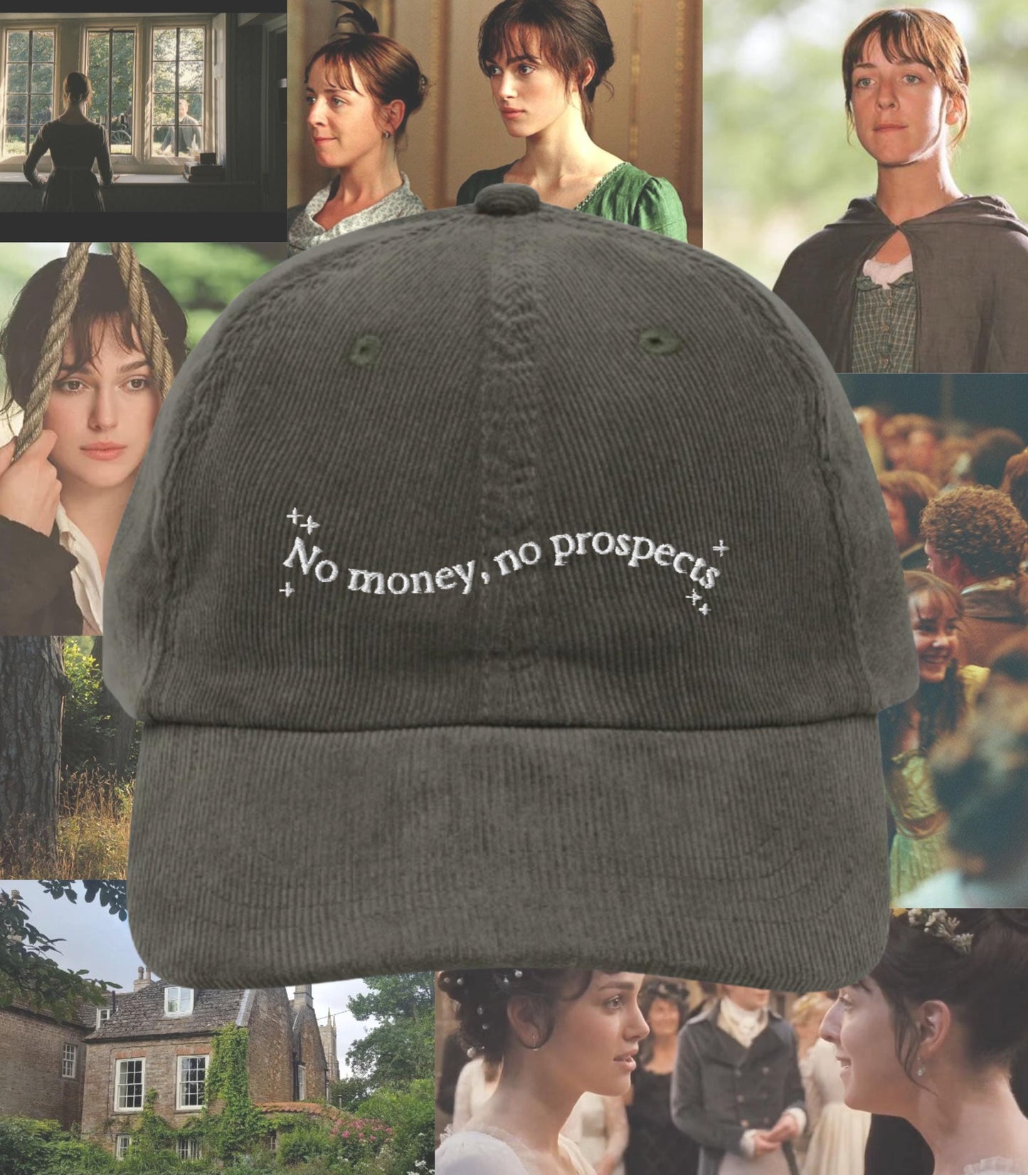 Pride & Prejudice No Money No Prospects Vintage Embroidered Corduroy Hat * 20th anniversary * Funny 27 years old Jane Austen Merch
