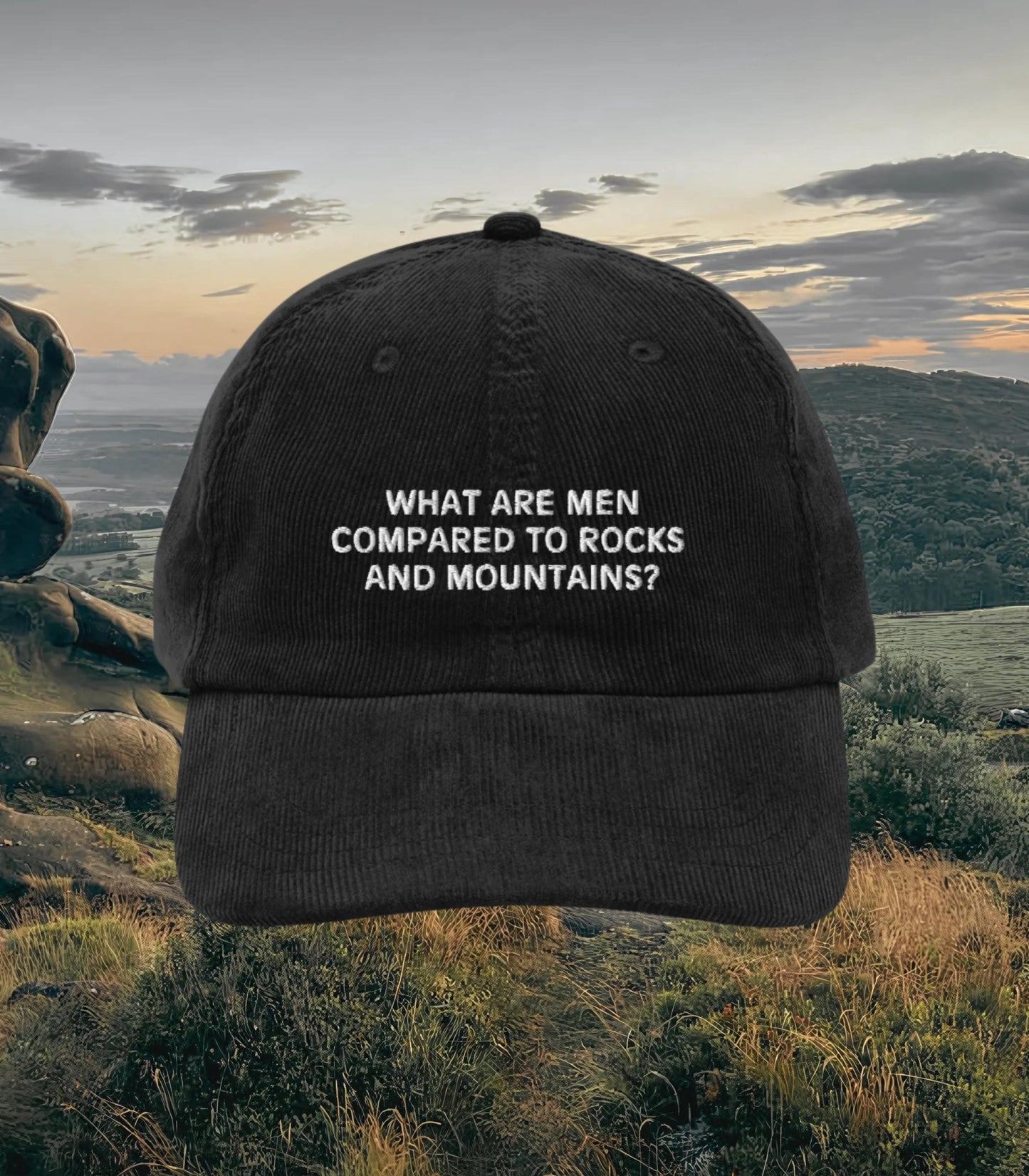 Pride & Prejudice What are Men Embroidered Corduroy Hat * 20th anniversary Rocks Mountains Pemberley Darcy Jane Austen Merch Gift
