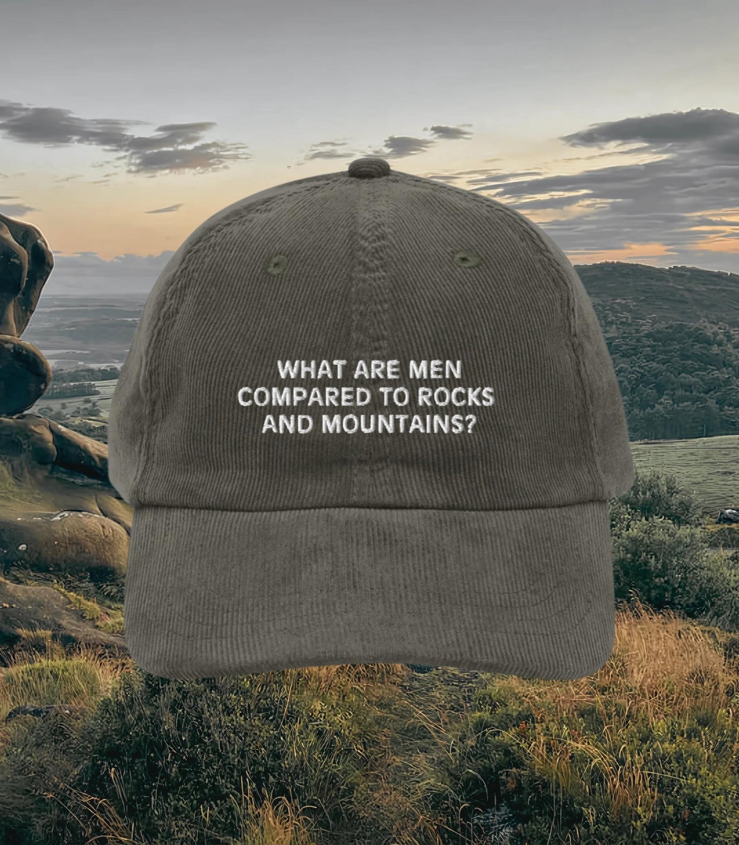 Pride & Prejudice What are Men Embroidered Corduroy Hat * 20th anniversary Rocks Mountains Pemberley Darcy Jane Austen Merch Gift