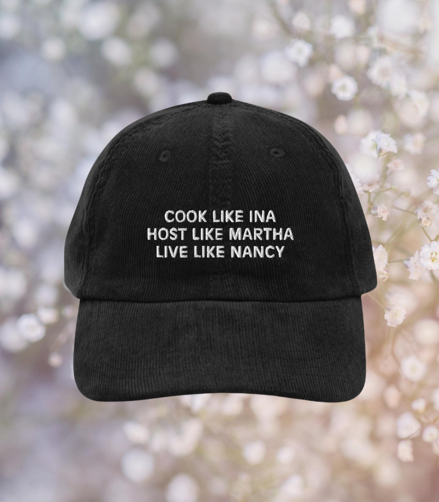 Cook Like Ina Host Like Martha Live Like Nancy Vintage corduroy hat * mother's day foodie hostess gift ideas coastal grandmother aesthetic