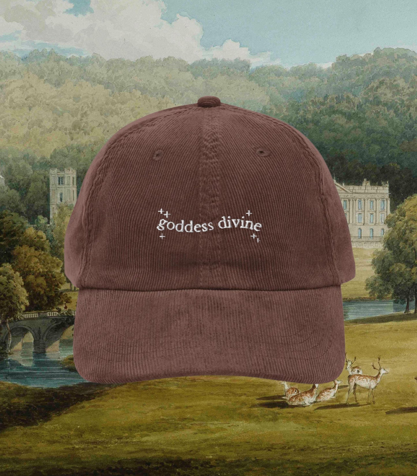 Pride & Prejudice Goddess Divine Regency Romance Embroidered Corduroy Baseball Hat * Darcy 20th anniversary Jane Austen Merch Gift Idea