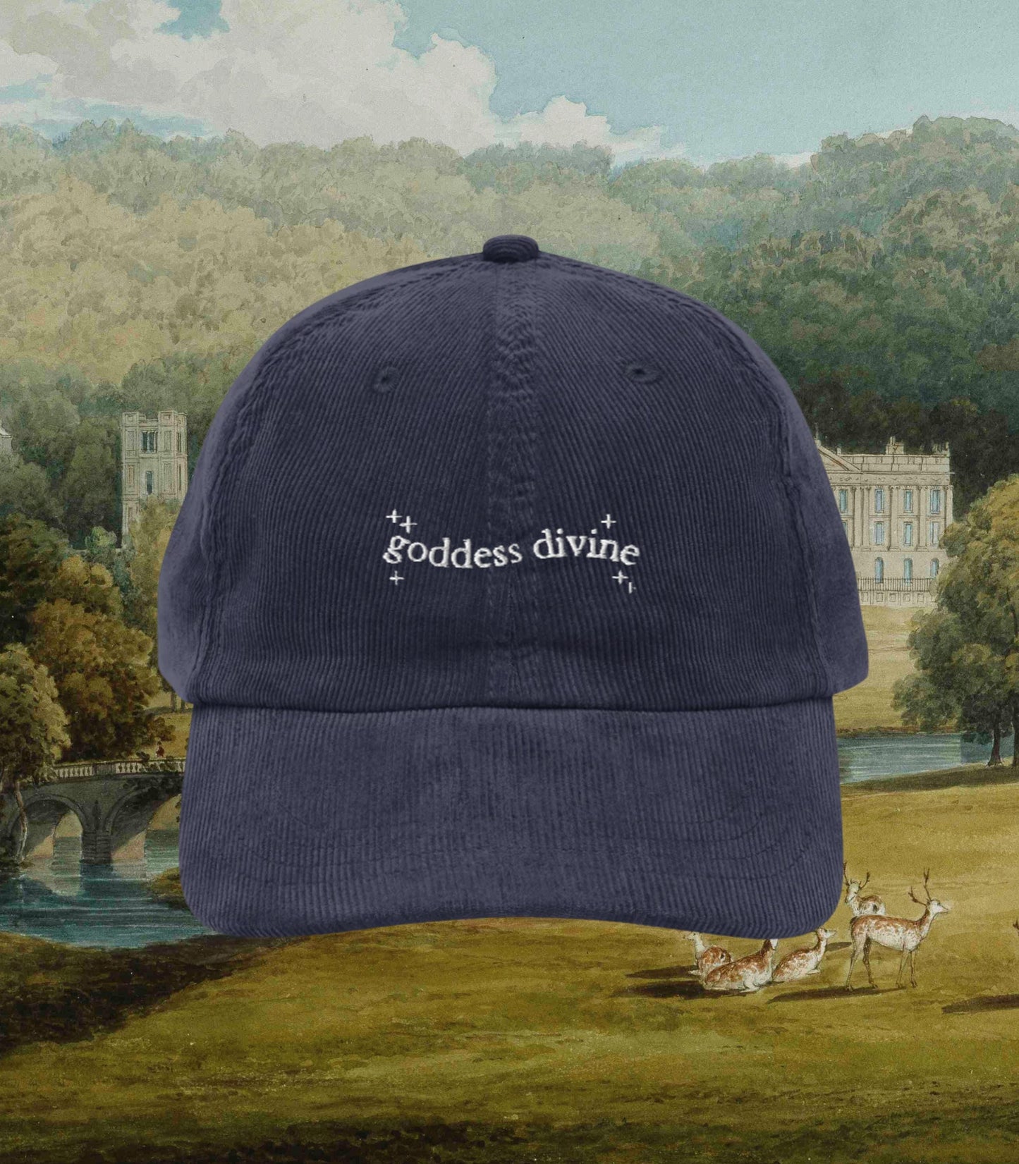 Pride & Prejudice Goddess Divine Regency Romance Embroidered Corduroy Baseball Hat * Darcy 20th anniversary Jane Austen Merch Gift Idea