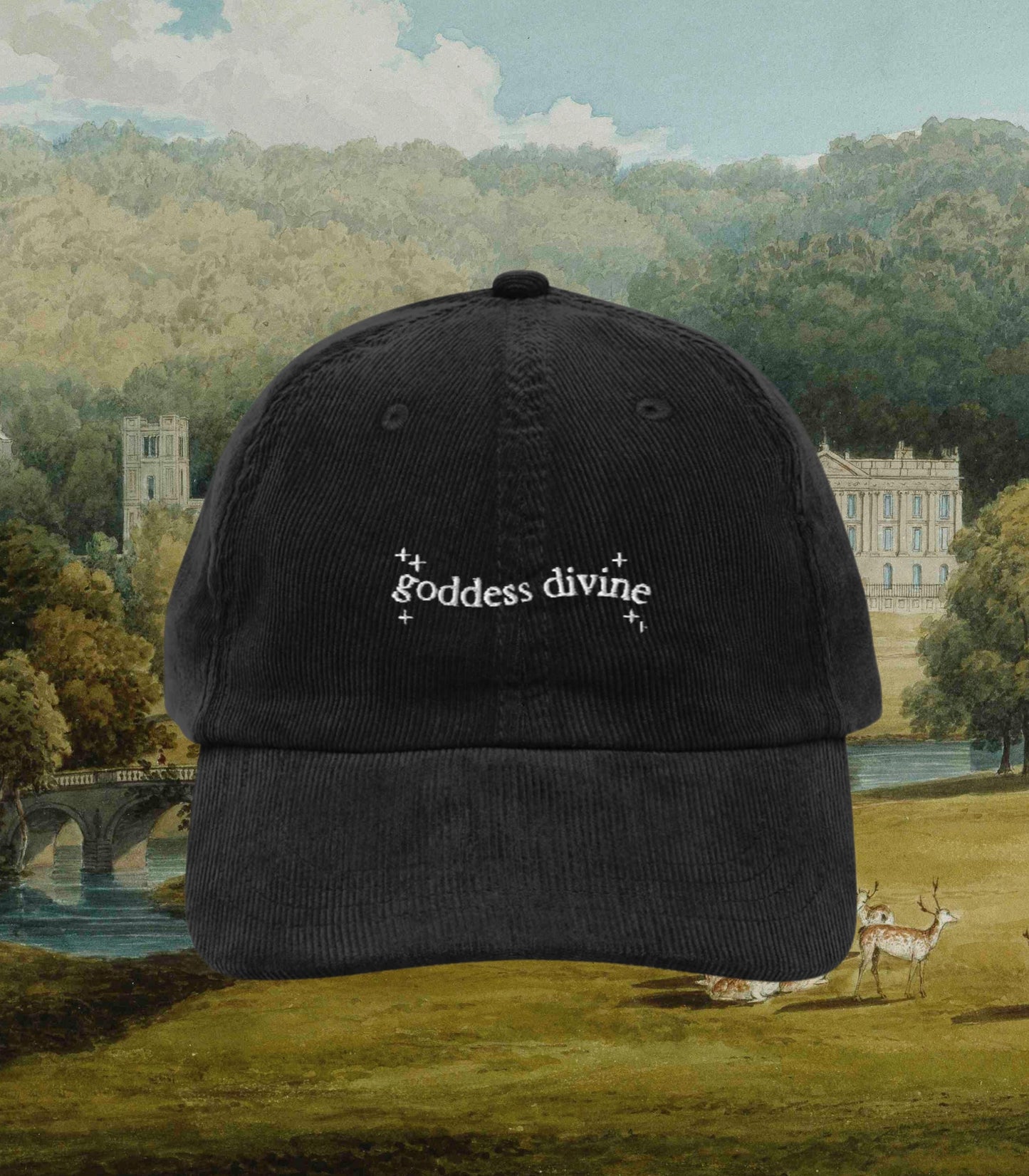 Pride & Prejudice Goddess Divine Regency Romance Embroidered Corduroy Baseball Hat * Darcy 20th anniversary Jane Austen Merch Gift Idea