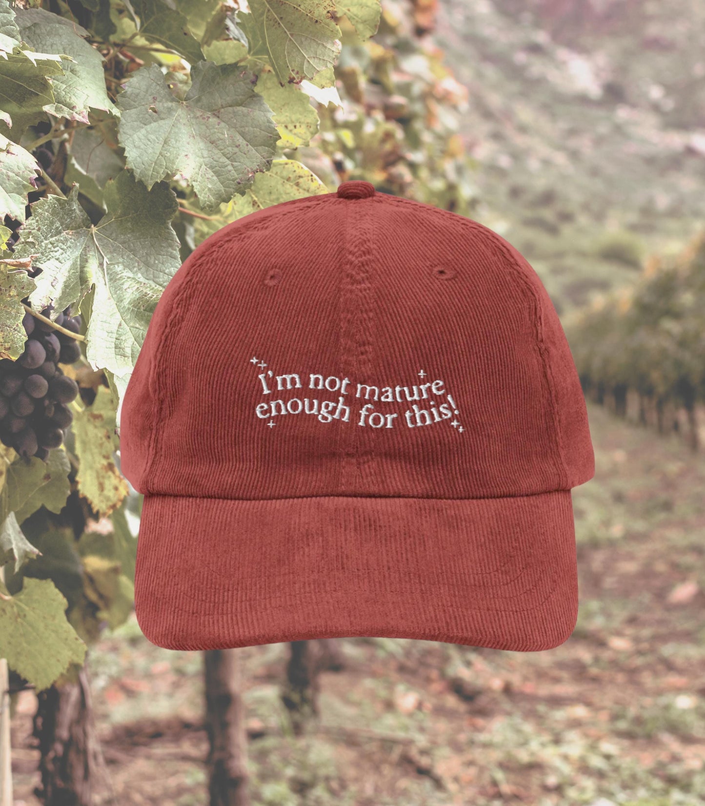 Not Mature Enough for This Funny Bach Embroidered Corduroy Hat * Coastal Hallie Annie Meredith Blake * Parker Knoll Camp Walden Parent Trap