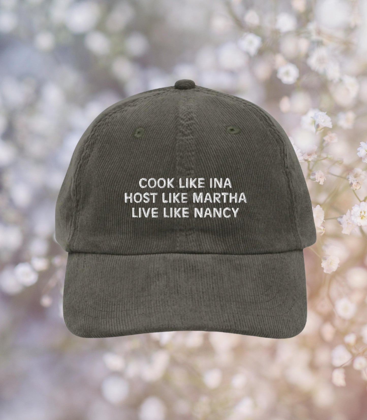 Cook Like Ina Host Like Martha Live Like Nancy Vintage corduroy hat * mother's day foodie hostess gift ideas coastal grandmother aesthetic