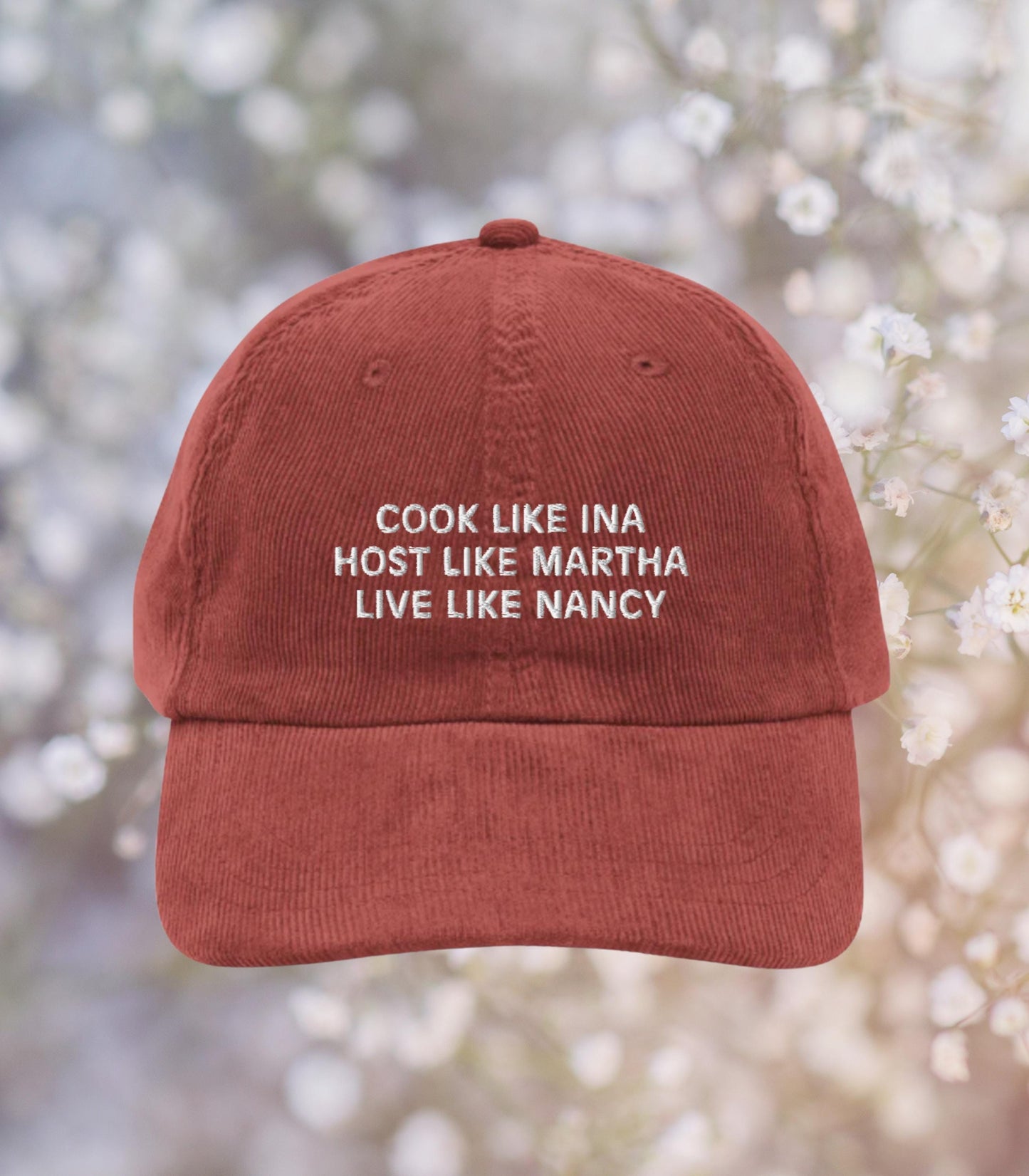 Cook Like Ina Host Like Martha Live Like Nancy Vintage corduroy hat * mother's day foodie hostess gift ideas coastal grandmother aesthetic