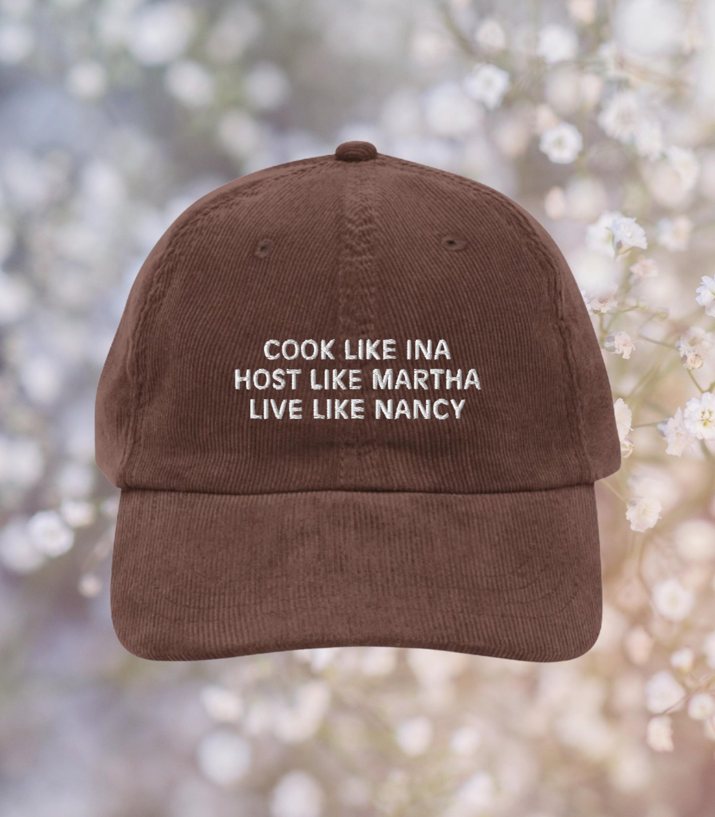 Cook Like Ina Host Like Martha Live Like Nancy Vintage corduroy hat * mother's day foodie hostess gift ideas coastal grandmother aesthetic