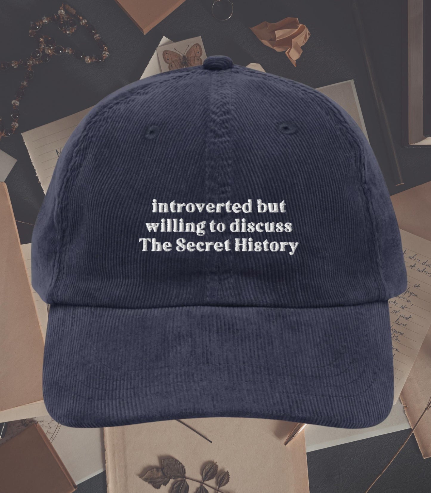 Introverted but willing to discuss The Secret History Embroidered Corduroy Hat * Dark Light Academia Aesthetic Subtle Bookish Gift Classics