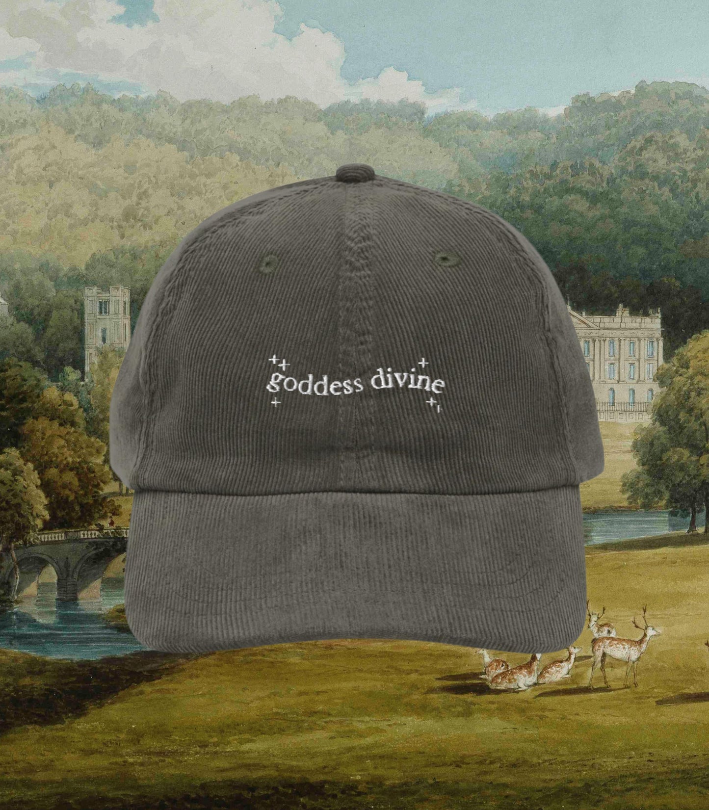 Pride & Prejudice Goddess Divine Regency Romance Embroidered Corduroy Baseball Hat * Darcy 20th anniversary Jane Austen Merch Gift Idea