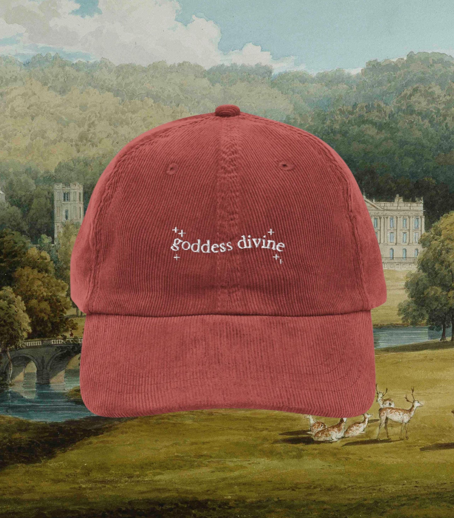 Pride & Prejudice Goddess Divine Regency Romance Embroidered Corduroy Baseball Hat * Darcy 20th anniversary Jane Austen Merch Gift Idea