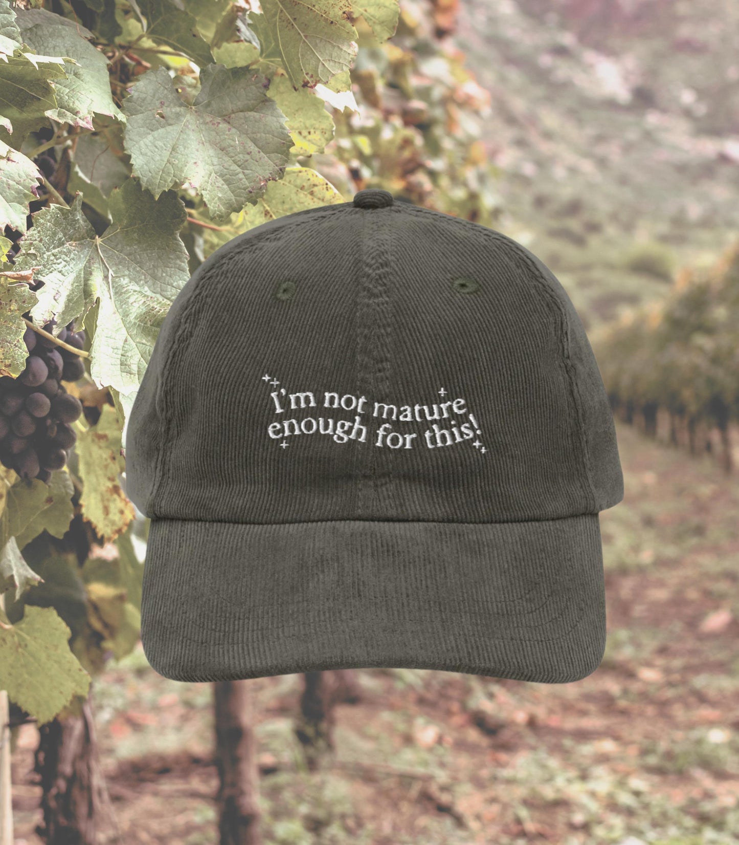 Not Mature Enough for This Funny Bach Embroidered Corduroy Hat * Coastal Hallie Annie Meredith Blake * Parker Knoll Camp Walden Parent Trap
