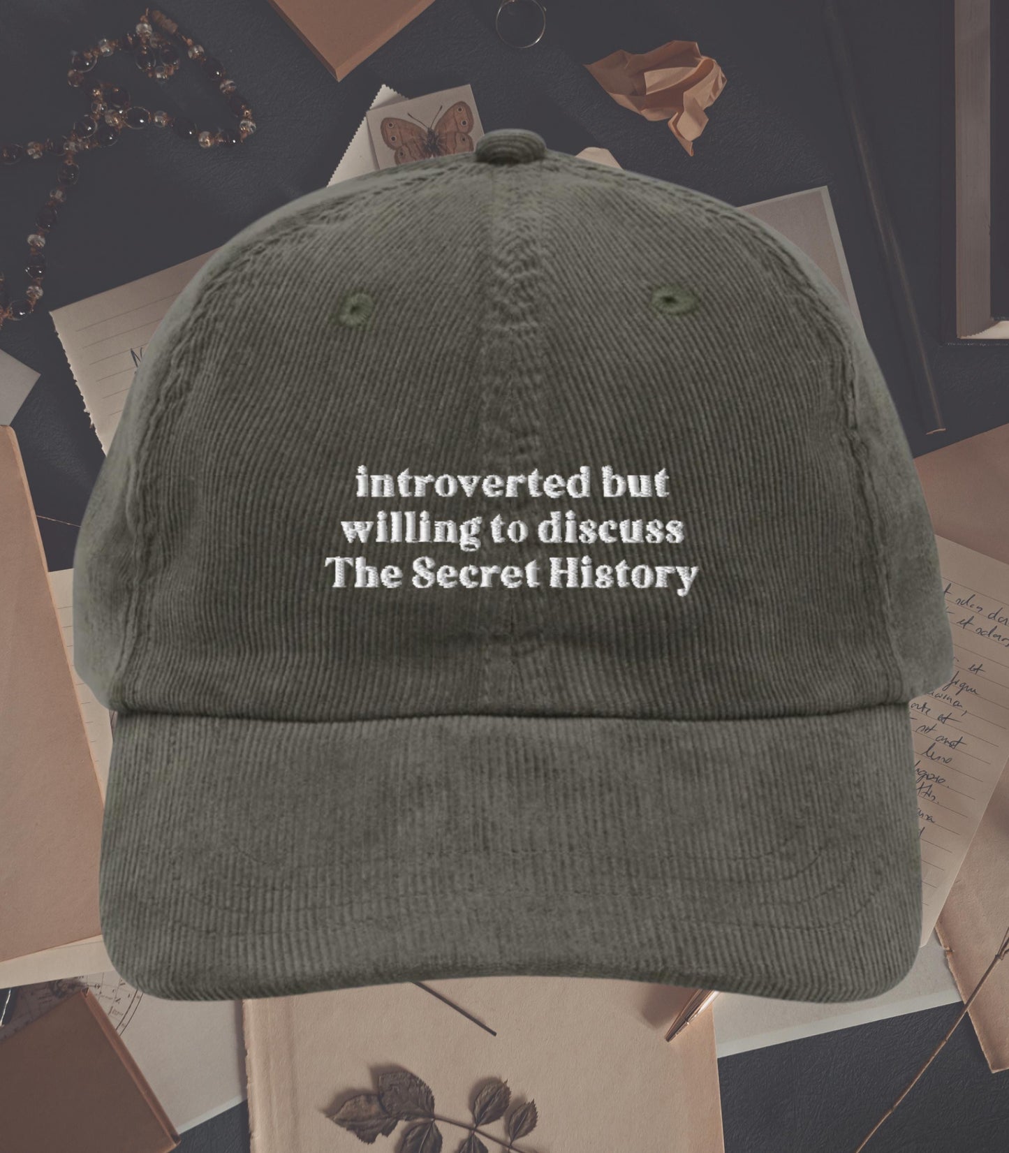 Introverted but willing to discuss The Secret History Embroidered Corduroy Hat * Dark Light Academia Aesthetic Subtle Bookish Gift Classics