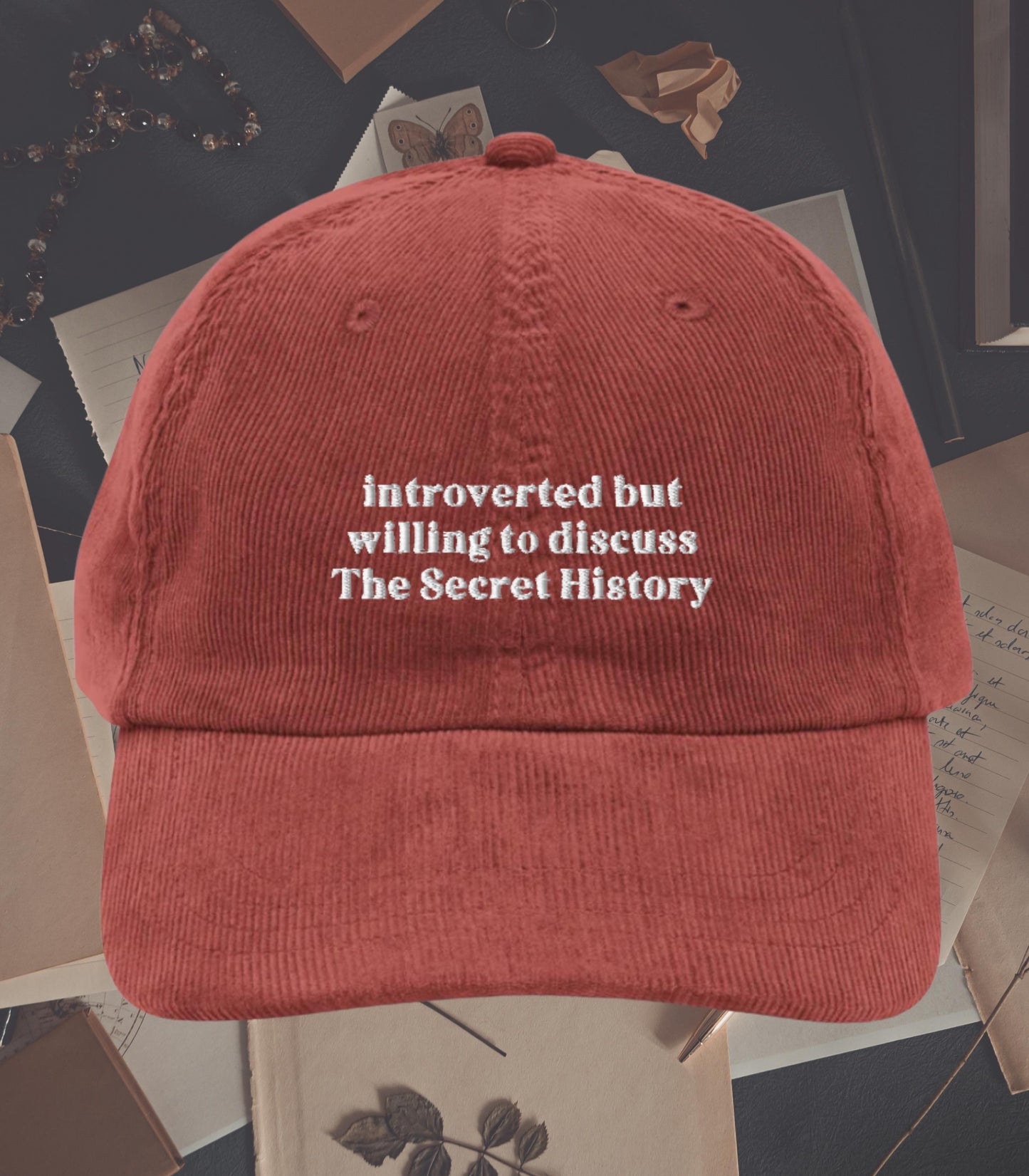 Introverted but willing to discuss The Secret History Embroidered Corduroy Hat * Dark Light Academia Aesthetic Subtle Bookish Gift Classics