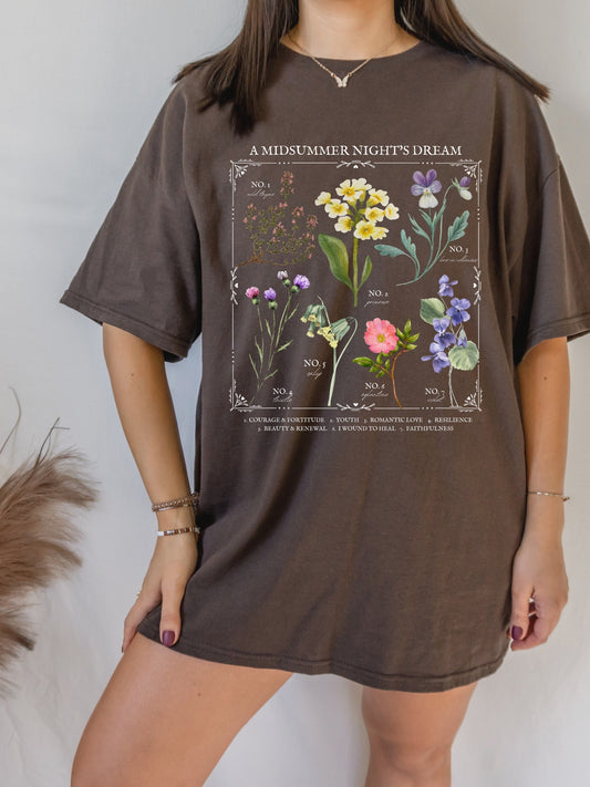 Shakespeare Midsummer Night's Dream Literary Flower Chart Herbology Floral Tee Shirt Tshirt * Bookish Bookworm Gift * Poet Literature Shirt