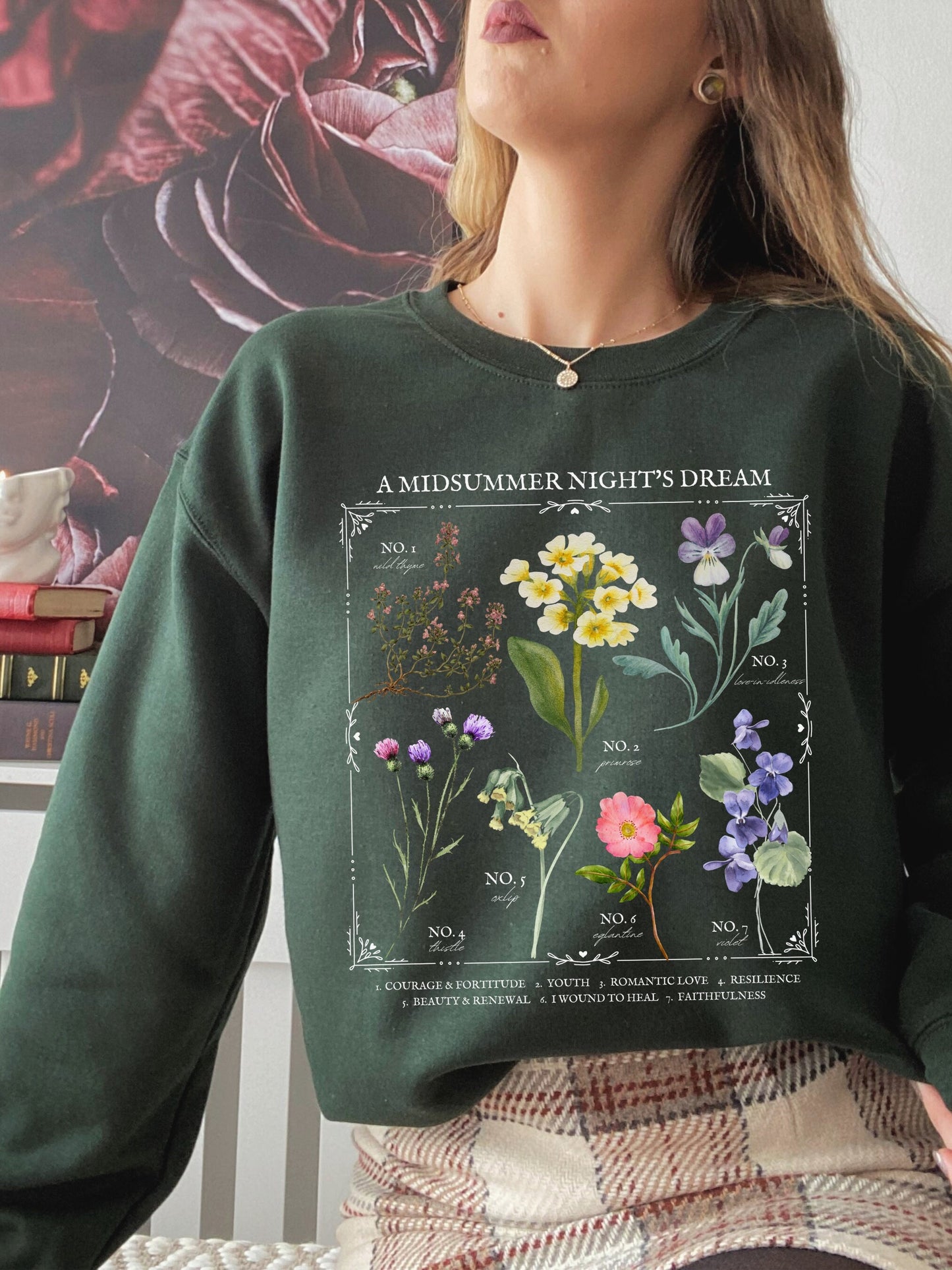 Shakespeare A Midsummer Night's Dream Literary Flower Chart Sweatshirt * Language of Flowers Bookish Book Lover Gift Literature Poet Shirt