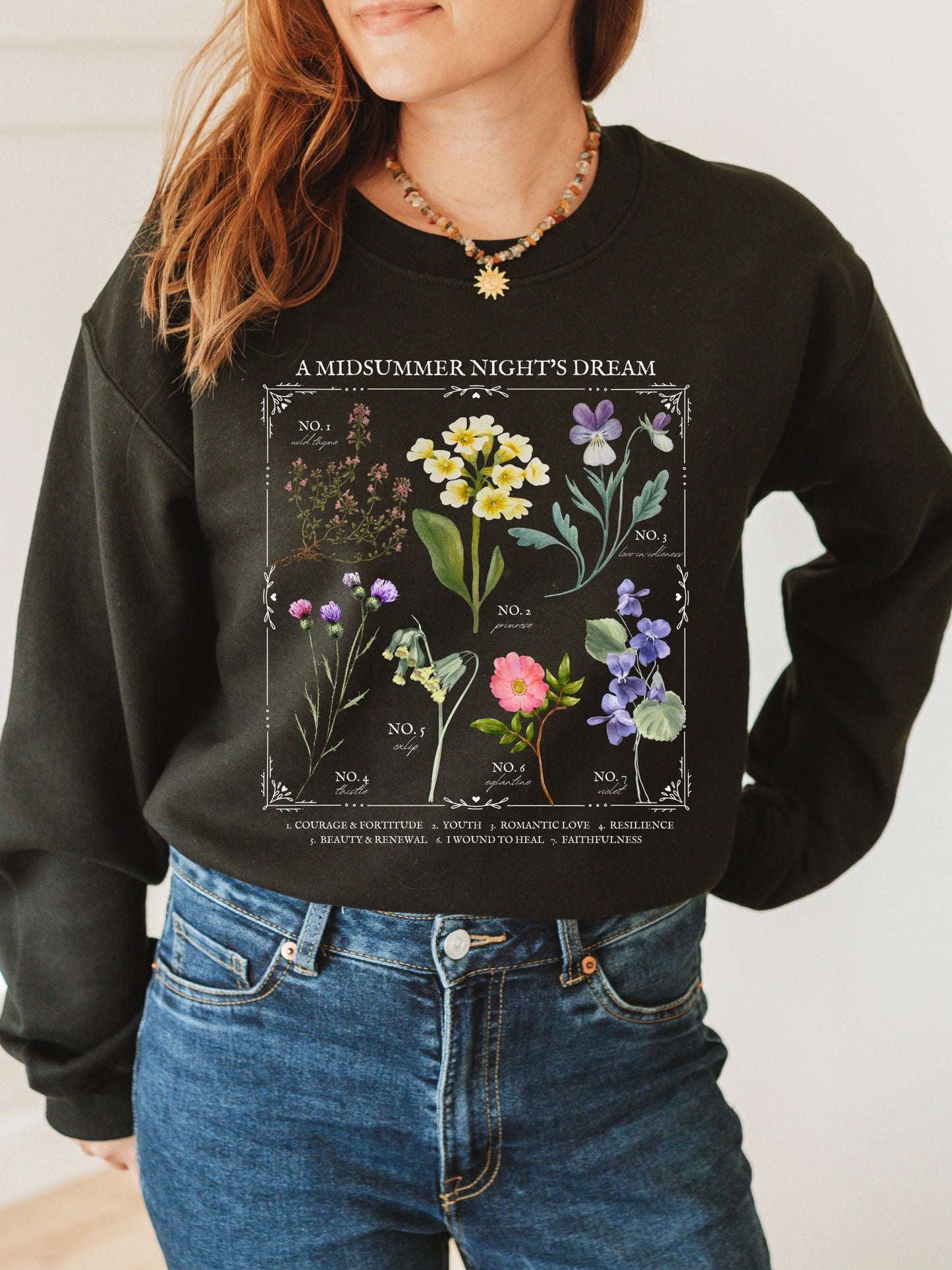 Shakespeare A Midsummer Night's Dream Literary Flower Chart Sweatshirt * Language of Flowers Bookish Book Lover Gift Literature Poet Shirt