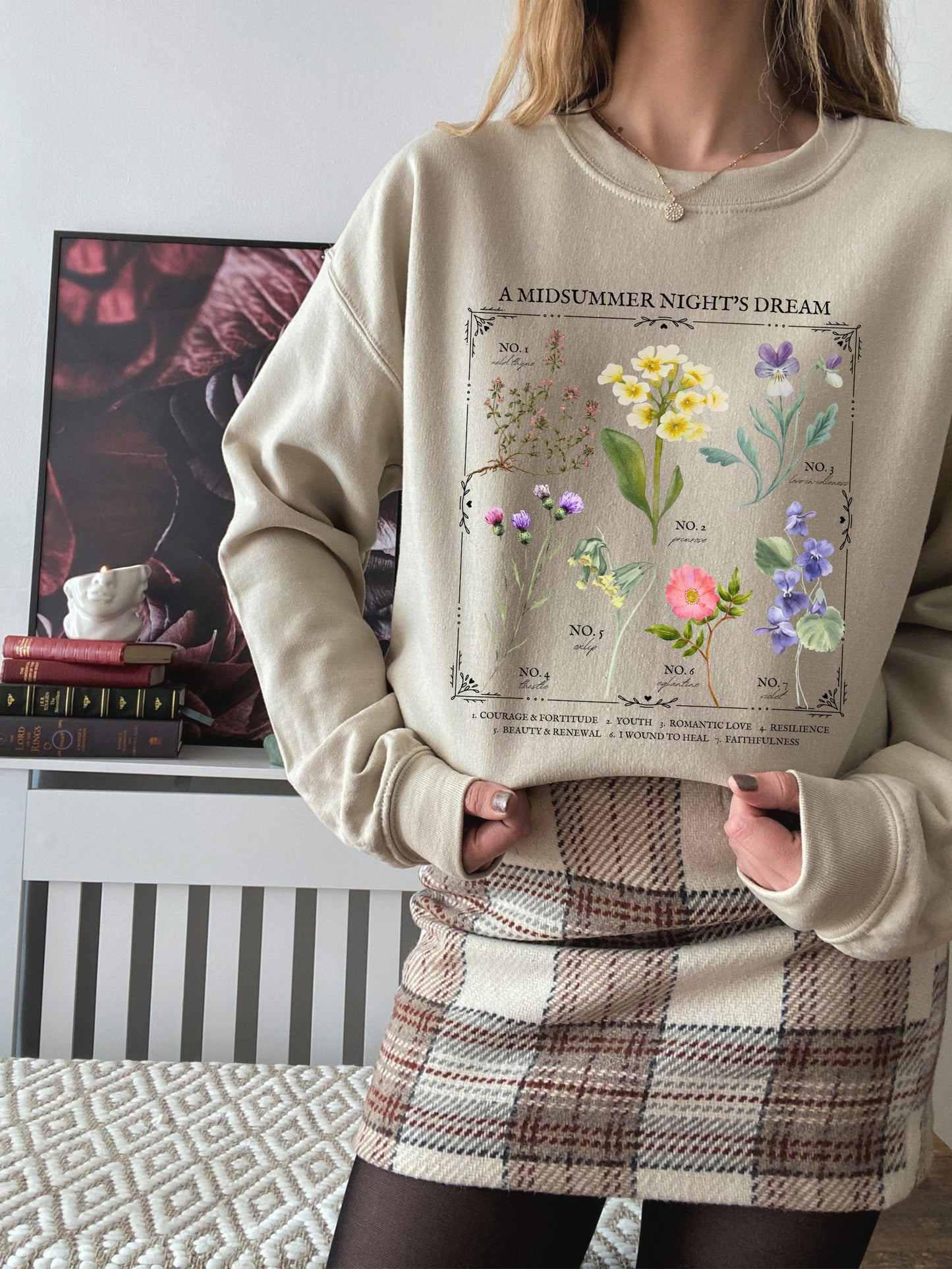 Shakespeare A Midsummer Night's Dream Literary Flower Chart Sweatshirt * Language of Flowers Bookish Book Lover Gift Literature Poet Shirt