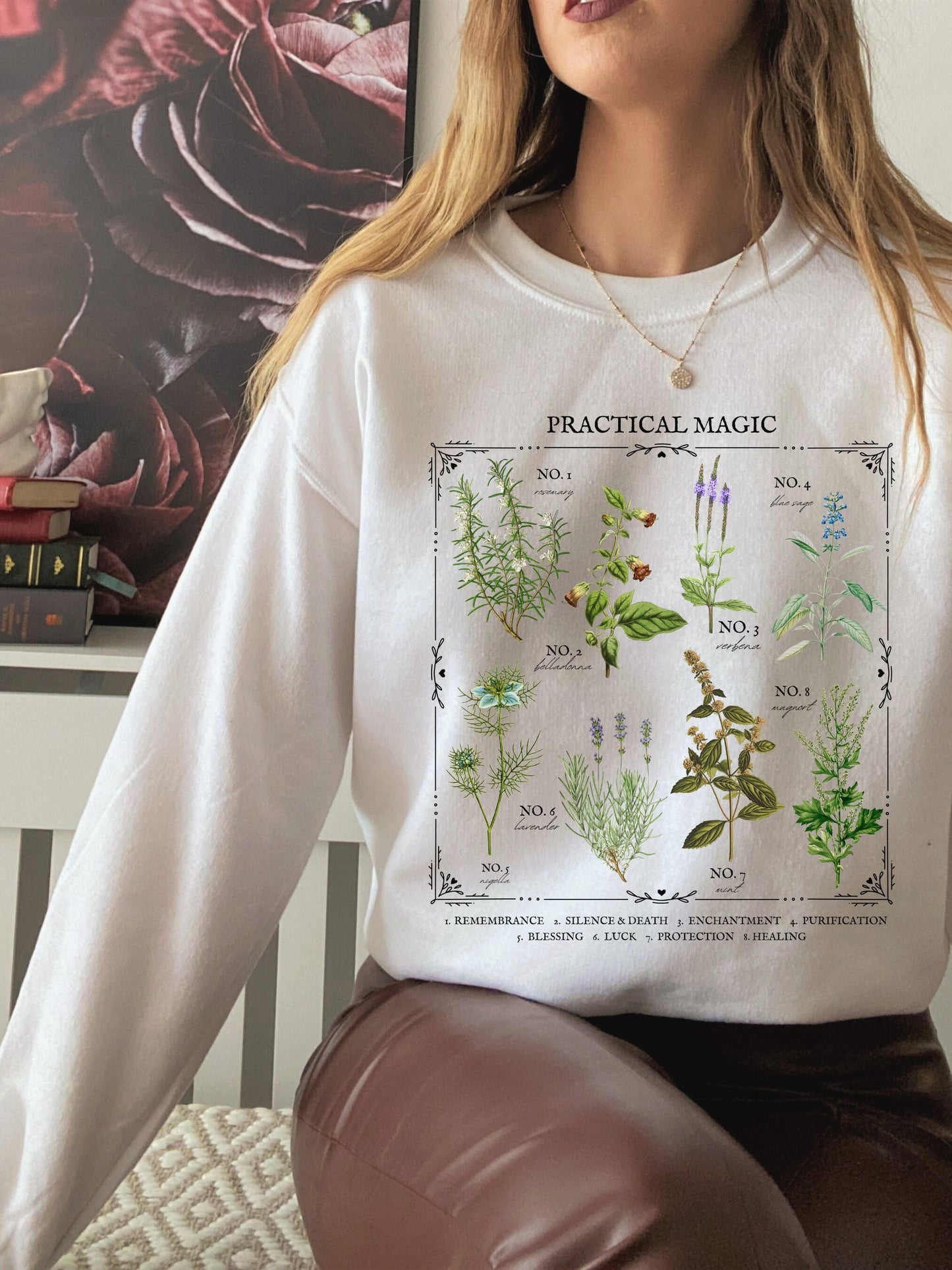 Practical Magic Flower Herb Chart Sweatshirt * Owens Sisters Apothecary * Salt Lavender Rosemary * Midnight Margaritas * Witchy Mystical