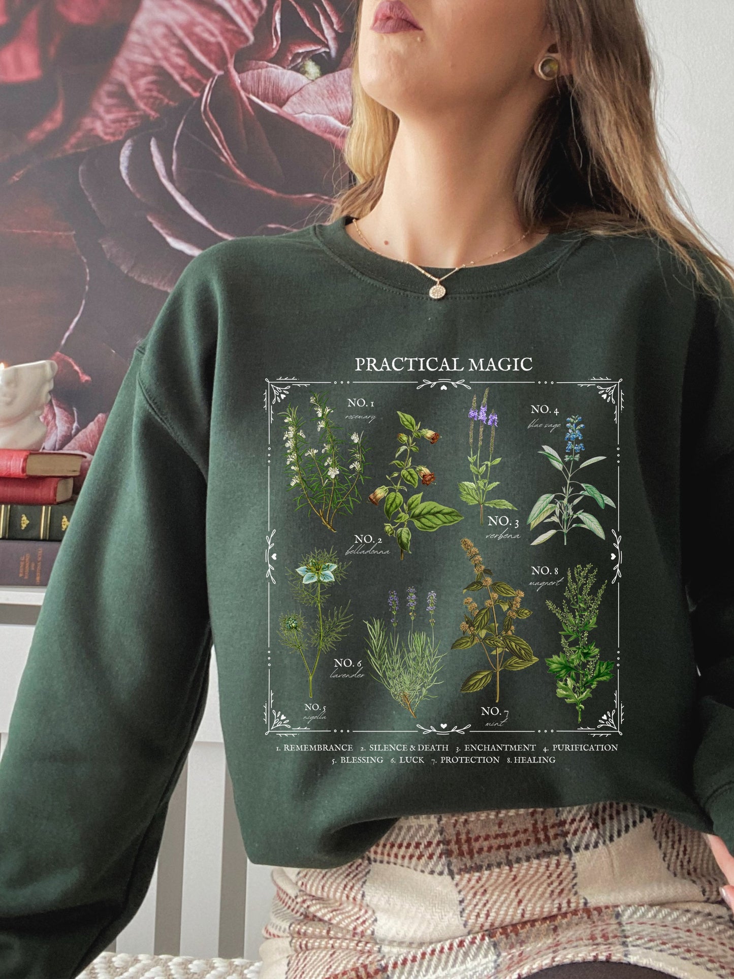 Practical Magic Flower Herb Chart Sweatshirt * Owens Sisters Apothecary * Salt Lavender Rosemary * Midnight Margaritas * Witchy Mystical