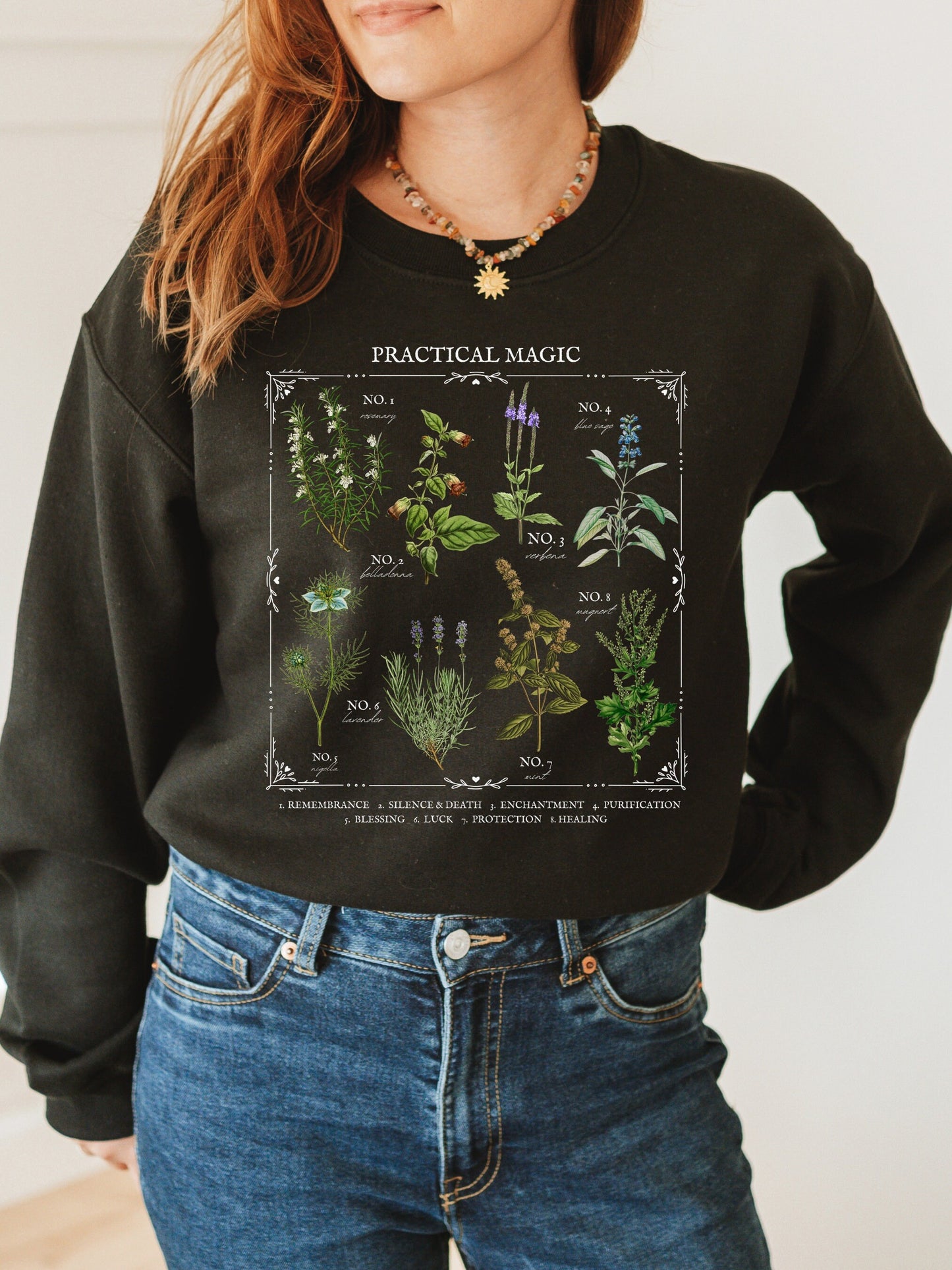 Practical Magic Flower Herb Chart Sweatshirt * Owens Sisters Apothecary * Salt Lavender Rosemary * Midnight Margaritas * Witchy Mystical