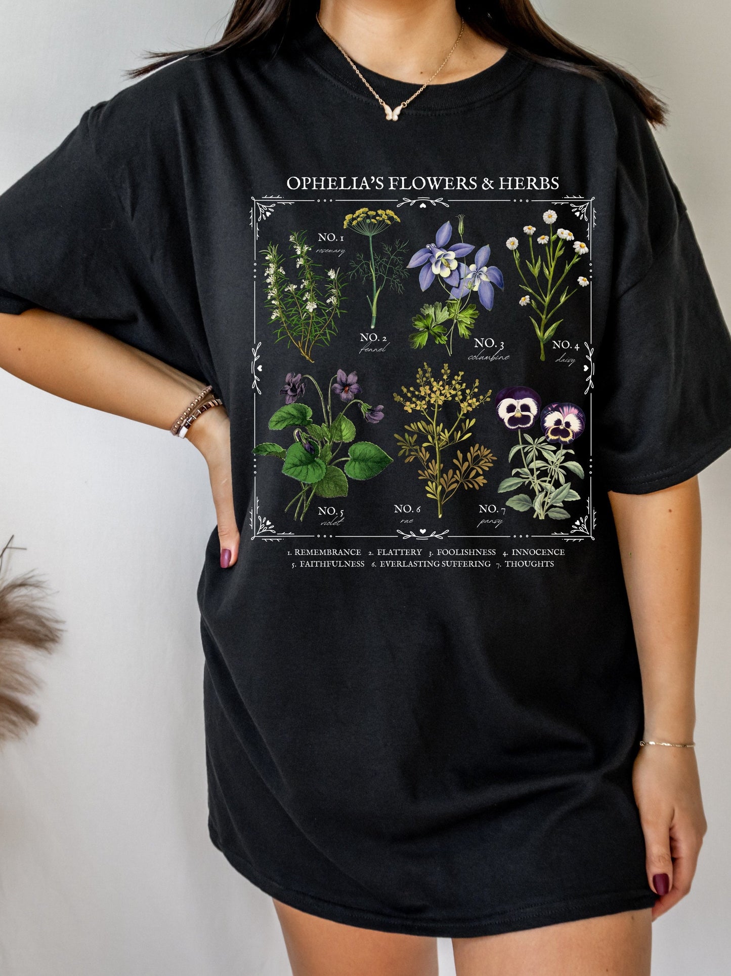 Shakespeare Hamlet Ophelia Literary Flower Chart Herbology Floral Tee Shirt Tshirt Bookish Bookworm Gift Poet Literature Shirt Dark Academia