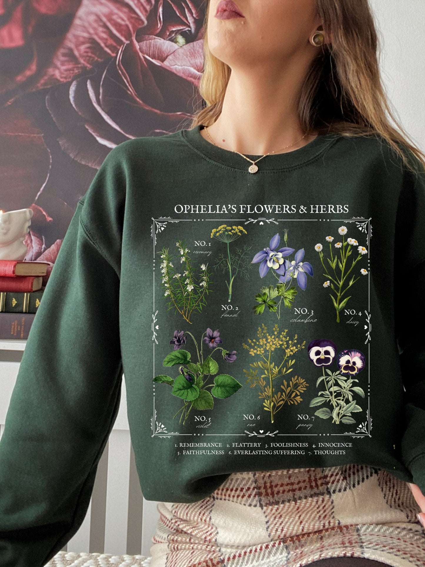 Shakespeare Hamlet Ophelia Literary Flower Chart Herbology Floral Sweatshirt Bookish Bookworm Gift Poet Literature Shirt Dark Academia Shirt