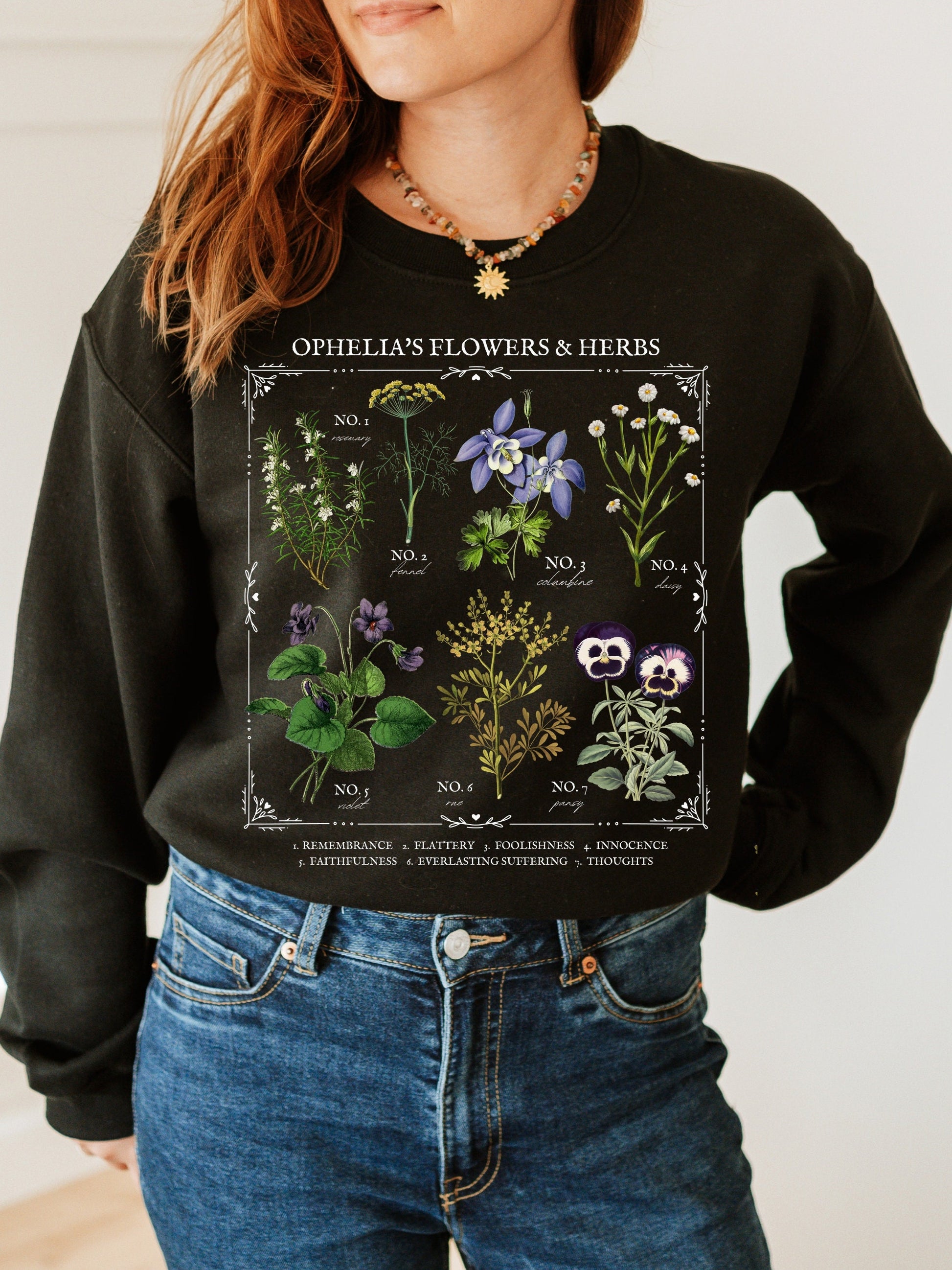 Shakespeare Hamlet Ophelia Literary Flower Chart Herbology Floral Sweatshirt Bookish Bookworm Gift Poet Literature Shirt Dark Academia Shirt