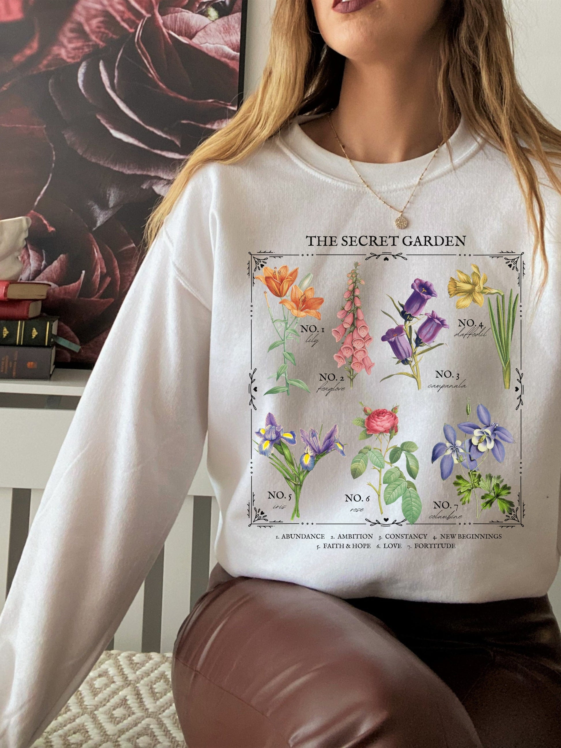 The Secret Garden Flower Chart Sweatshirt * Frances Hodgson Burnett * Language of Flowers Cottagecore Bookish Book Lover Literature Gift