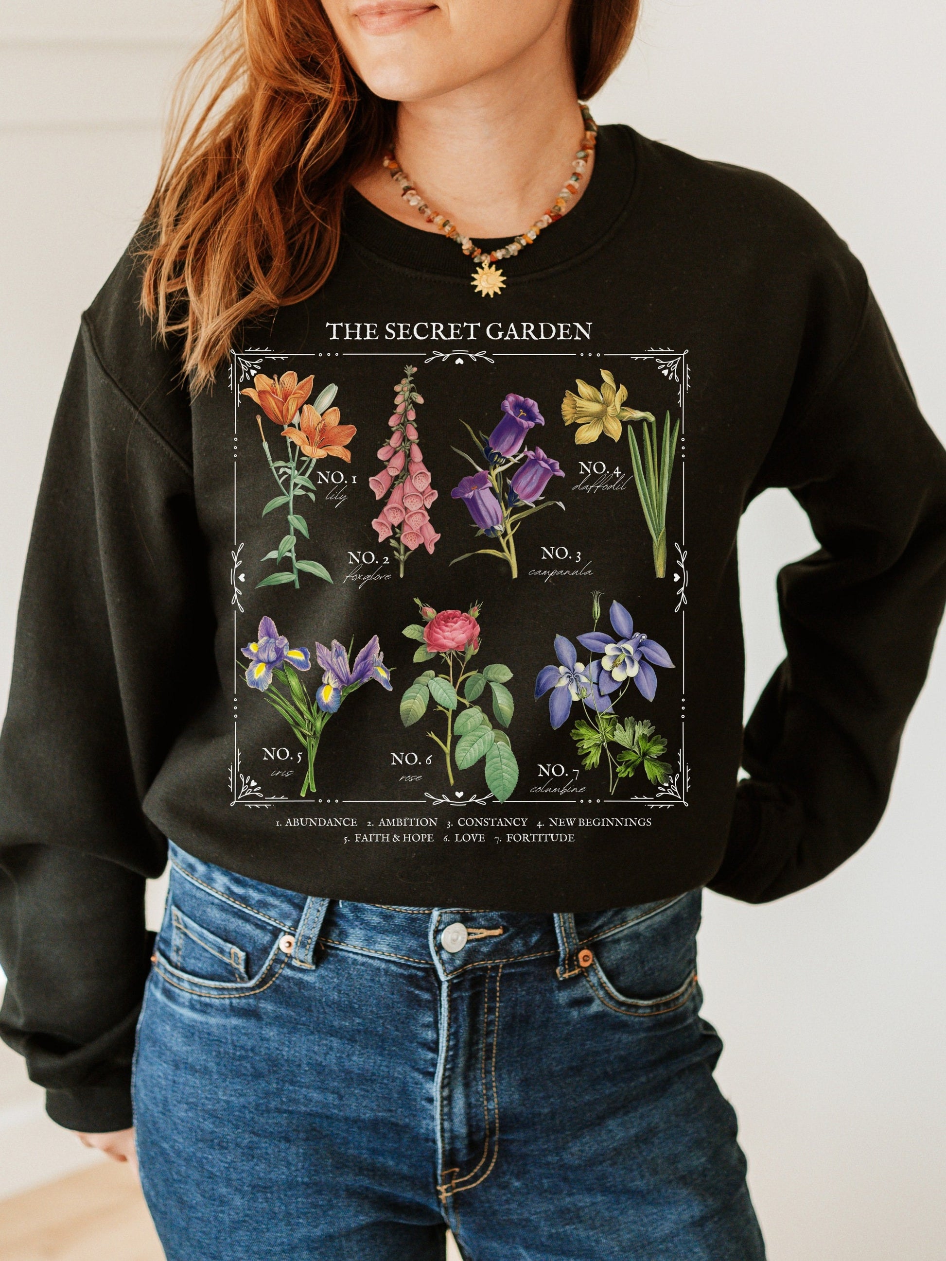 The Secret Garden Flower Chart Sweatshirt * Frances Hodgson Burnett * Language of Flowers Cottagecore Bookish Book Lover Literature Gift