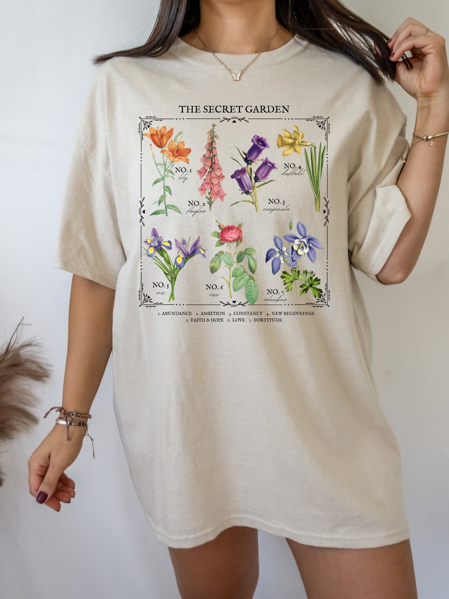 The Secret Garden Literary Flower Chart Tee Shirt Frances Hodgson Burnett Language of Flowers Cottagecore Bookish Book Lover Literature Gift