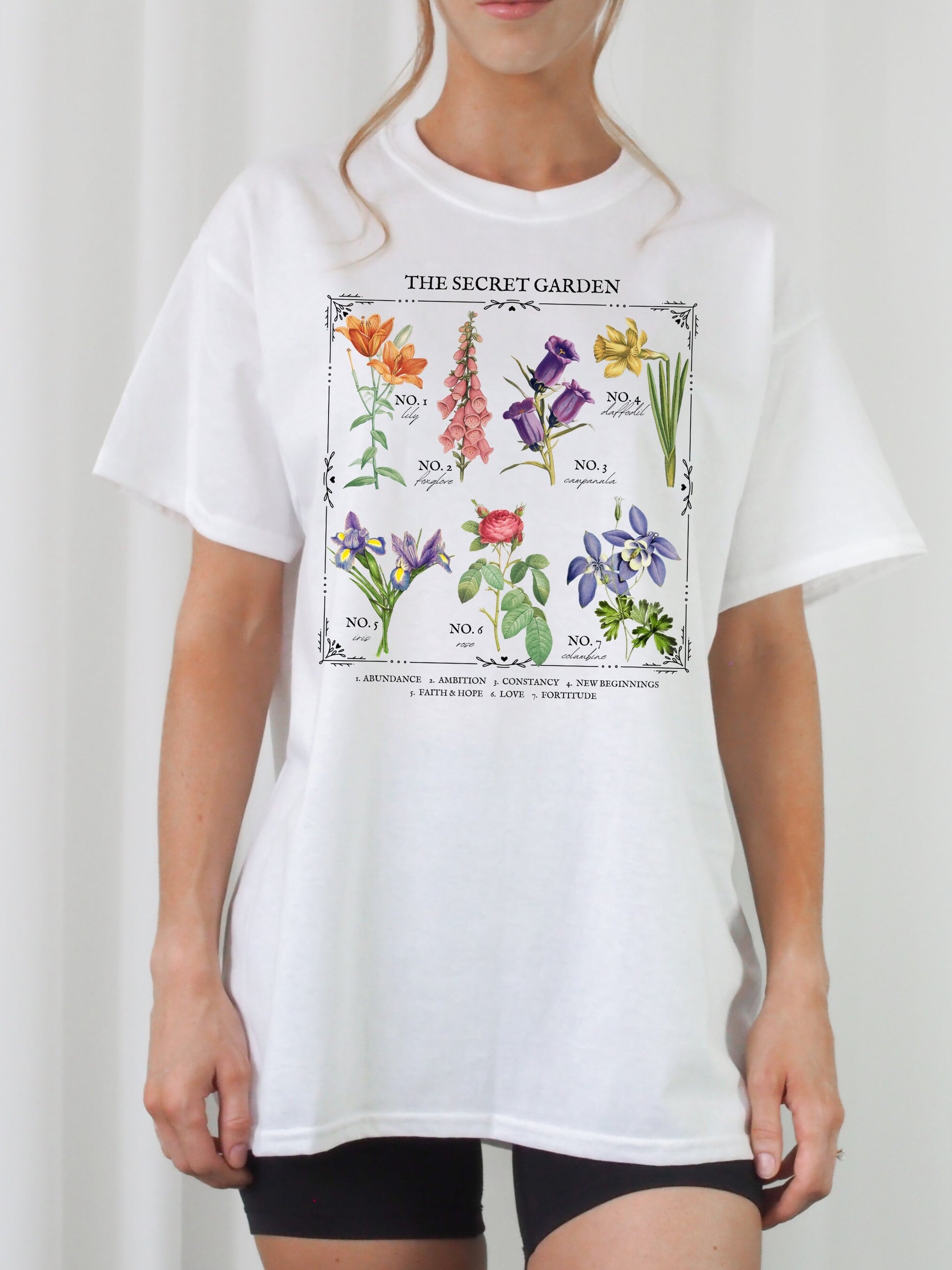 The Secret Garden Literary Flower Chart Tee Shirt Frances Hodgson Burnett Language of Flowers Cottagecore Bookish Book Lover Literature Gift