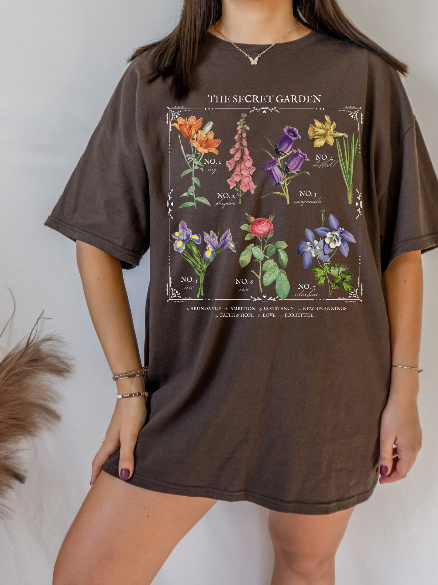 The Secret Garden Literary Flower Chart Tee Shirt Frances Hodgson Burnett Language of Flowers Cottagecore Bookish Book Lover Literature Gift