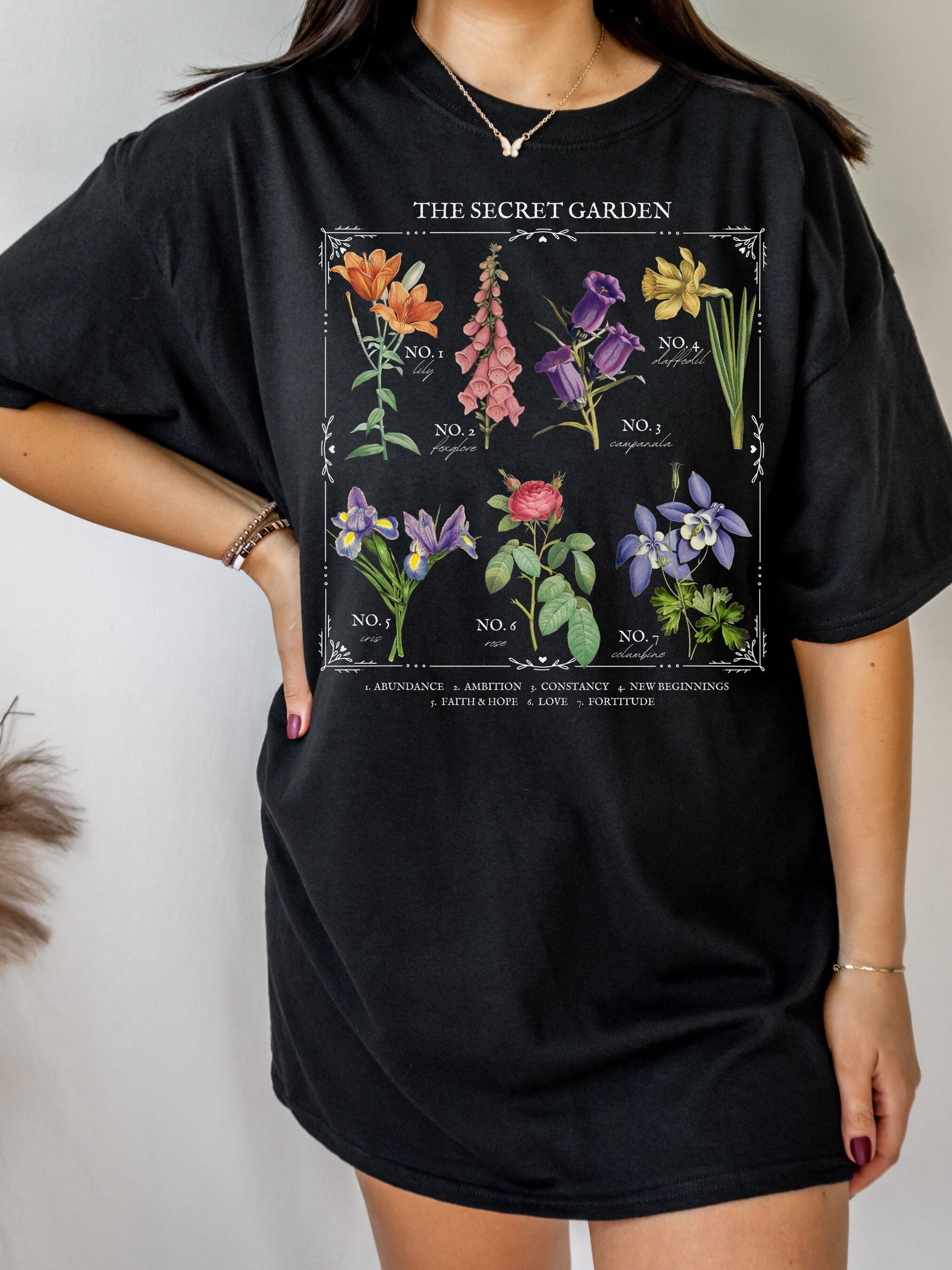 The Secret Garden Literary Flower Chart Tee Shirt Frances Hodgson Burnett Language of Flowers Cottagecore Bookish Book Lover Literature Gift