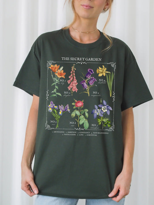 The Secret Garden Literary Flower Chart Tee Shirt Frances Hodgson Burnett Language of Flowers Cottagecore Bookish Book Lover Literature Gift